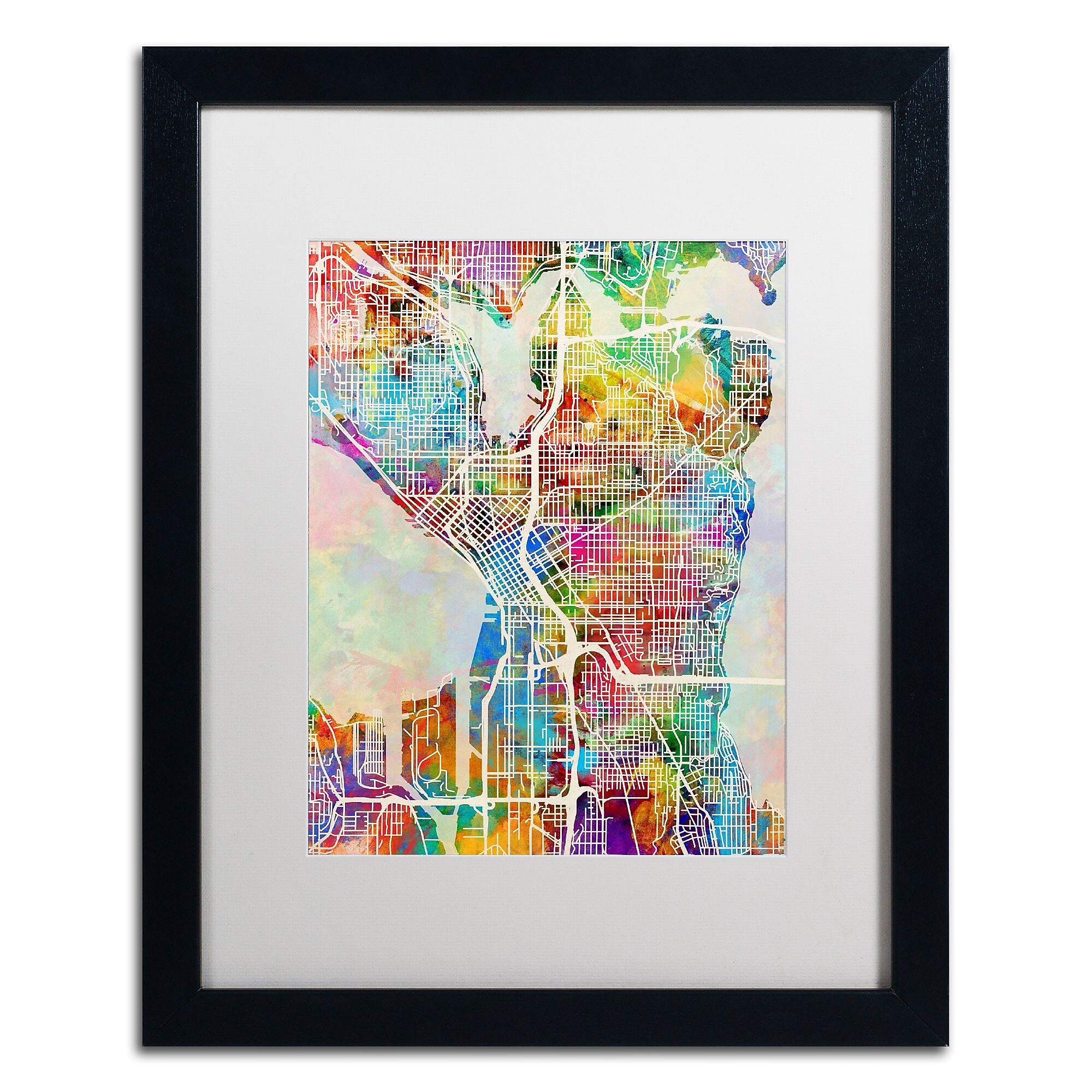 Trademark Fine Art ''Seattle Washington Street Map'' by Michael Tompsett 16" x 20" White Matted Black Frame (MT0869-B1620MF)