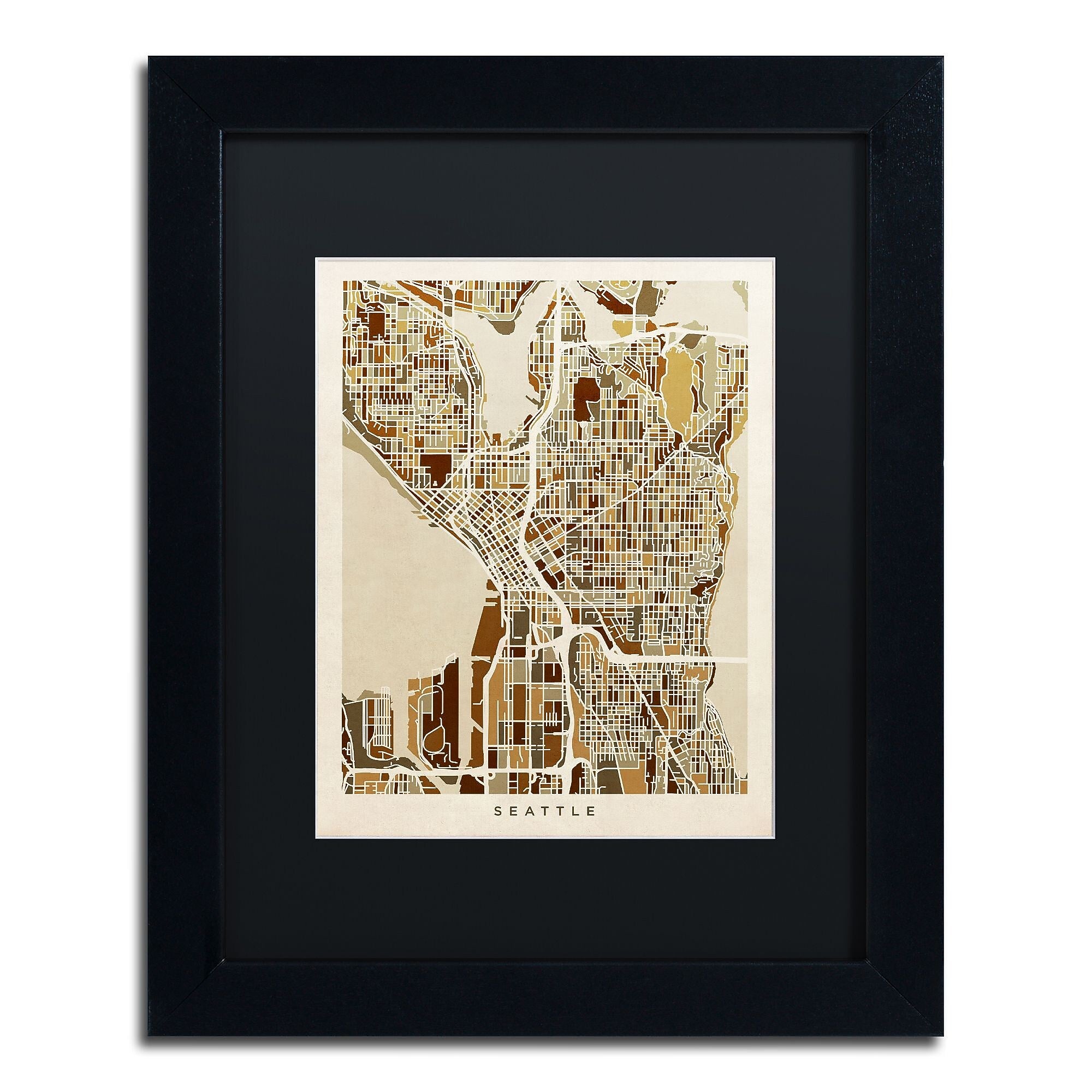 Trademark Fine Art ''Seattle Washington Street Map II'' by Michael Tompsett 11" x 14" Black Frame (MT0870-B1114BMF)