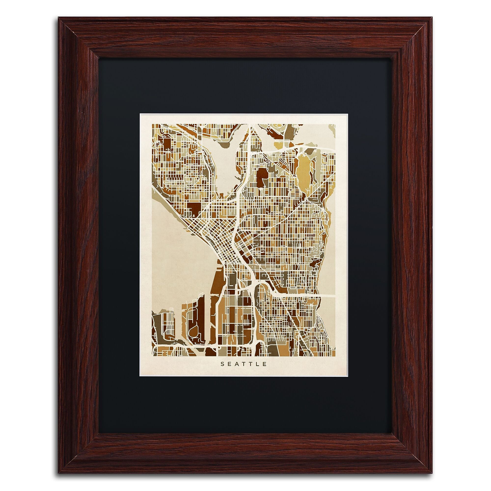 Trademark Fine Art ''Seattle Washington Street Map II'' by Michael Tompsett 11" x 14" Wood Frame (MT0870-W1114BMF)