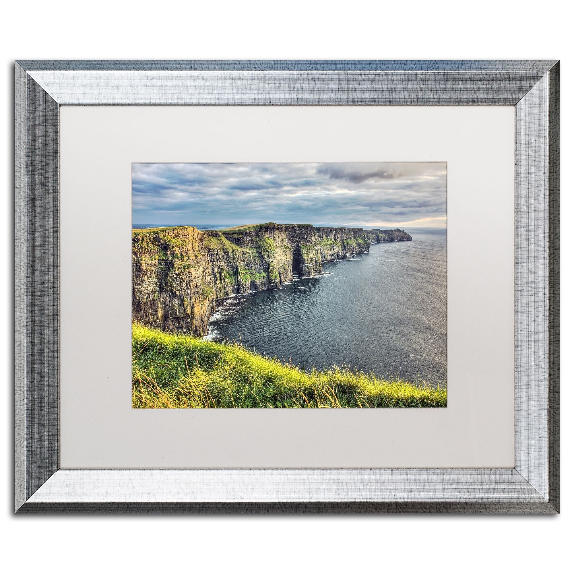 Trademark Fine Art ''Cliffs of Moher Ireland'' by Pierre Leclerc 16" x 20" White Matted Silver Frame (PL0021-S1620MF)