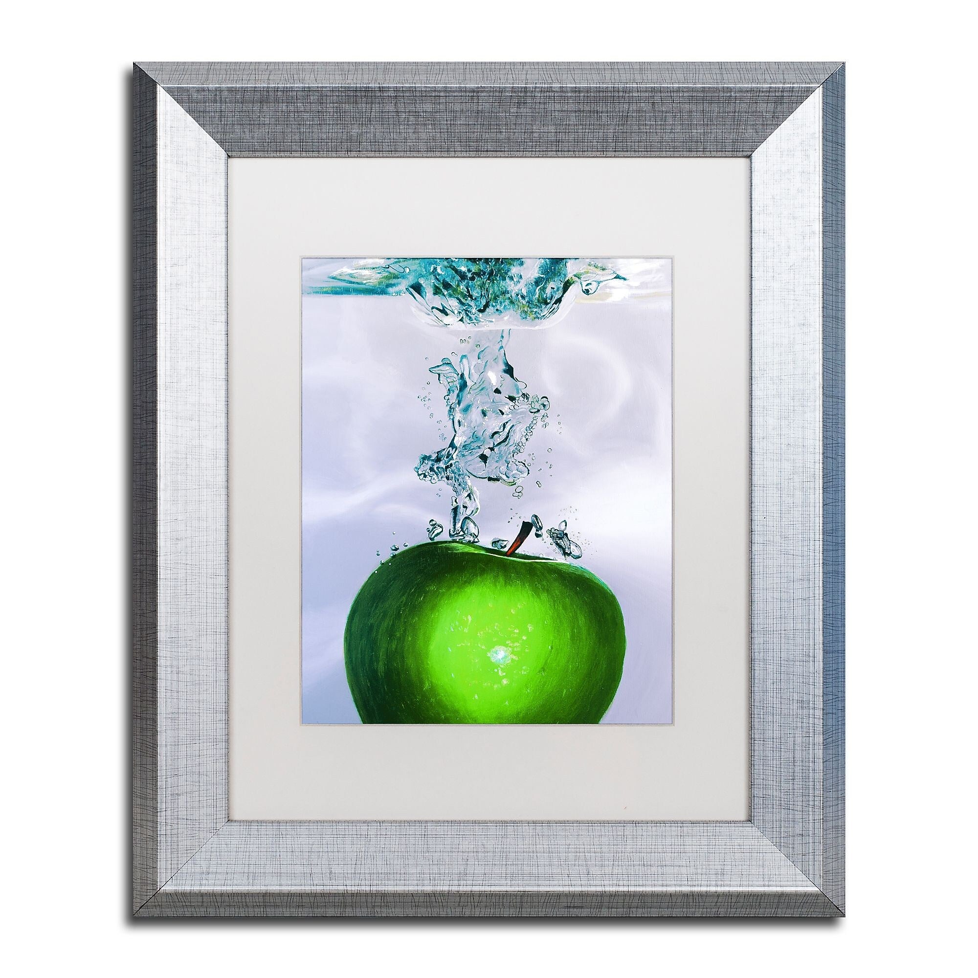 Trademark Fine Art ''Apple Splash II'' by Roderick Stevens 11" x 14" White Matted Silver Frame (RS011-S1114MF)