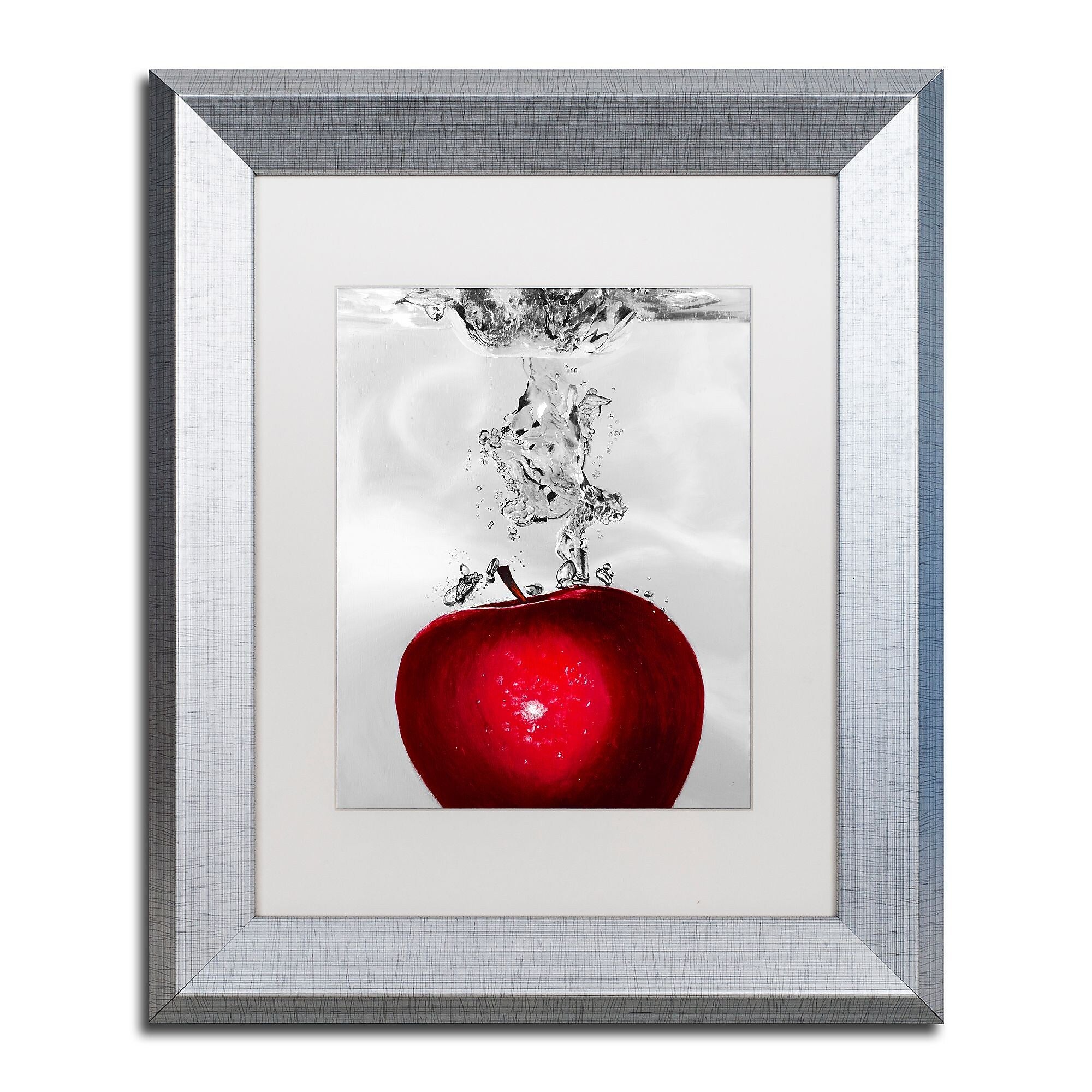 Trademark Fine Art ''Red Apple Splash'' by Roderick Stevens 11" x 14" White Matted Silver Frame (RS012-S1114MF)