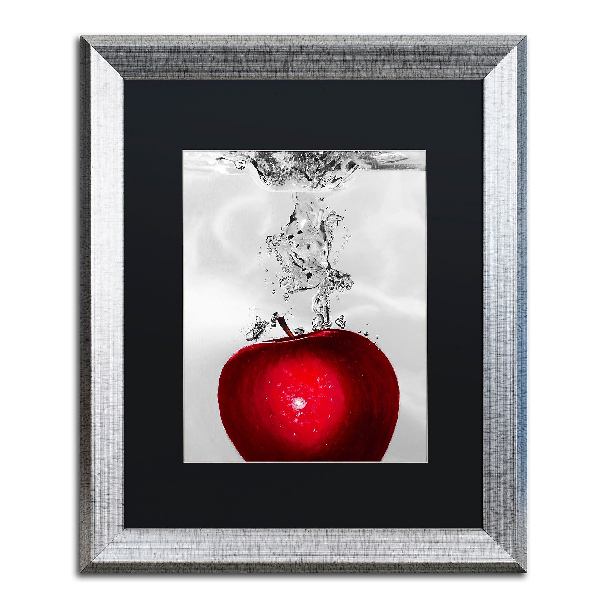 Trademark Fine Art ''Red Apple Splash'' by Roderick Stevens 16" x 20" Black Matted Silver Frame (RS012-S1620BMF)