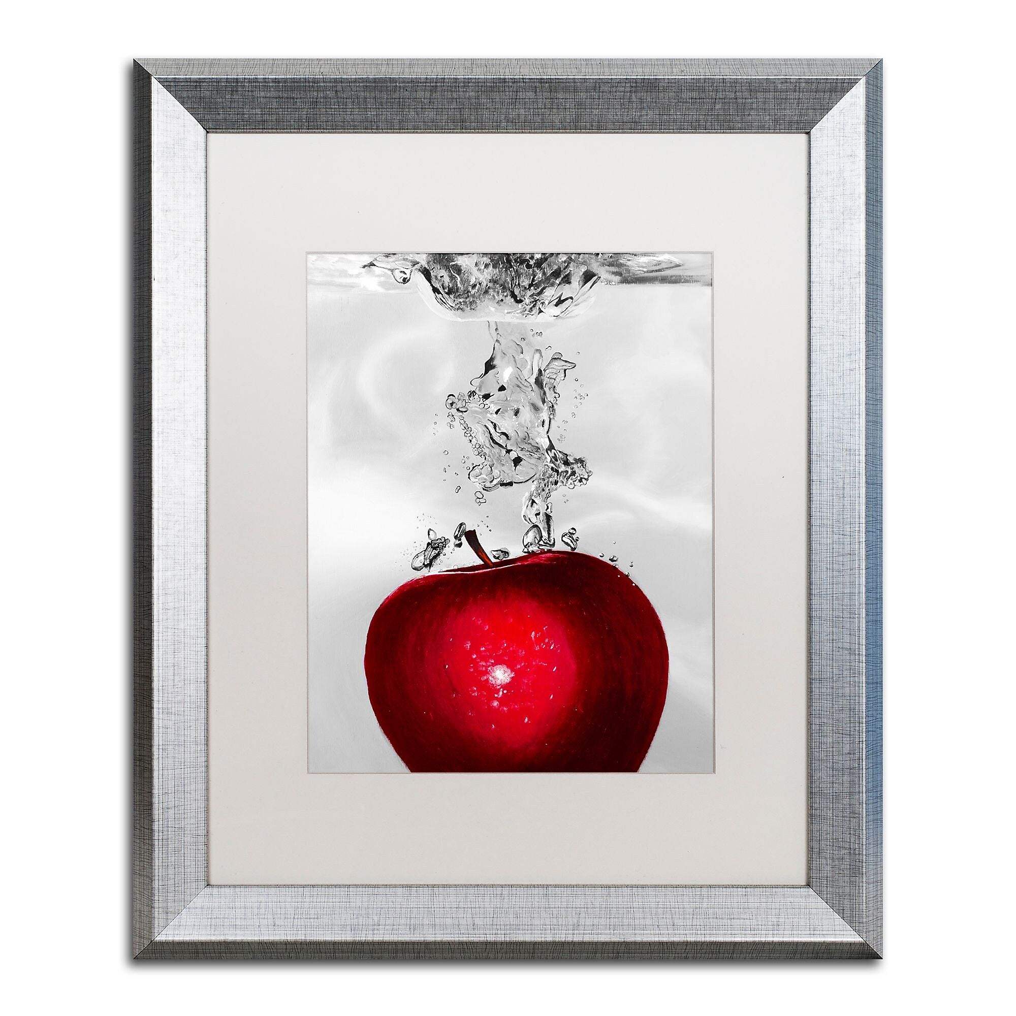 Trademark Fine Art ''Red Apple Splash'' by Roderick Stevens 16" x 20" White Matted Silver Frame (RS012-S1620MF)