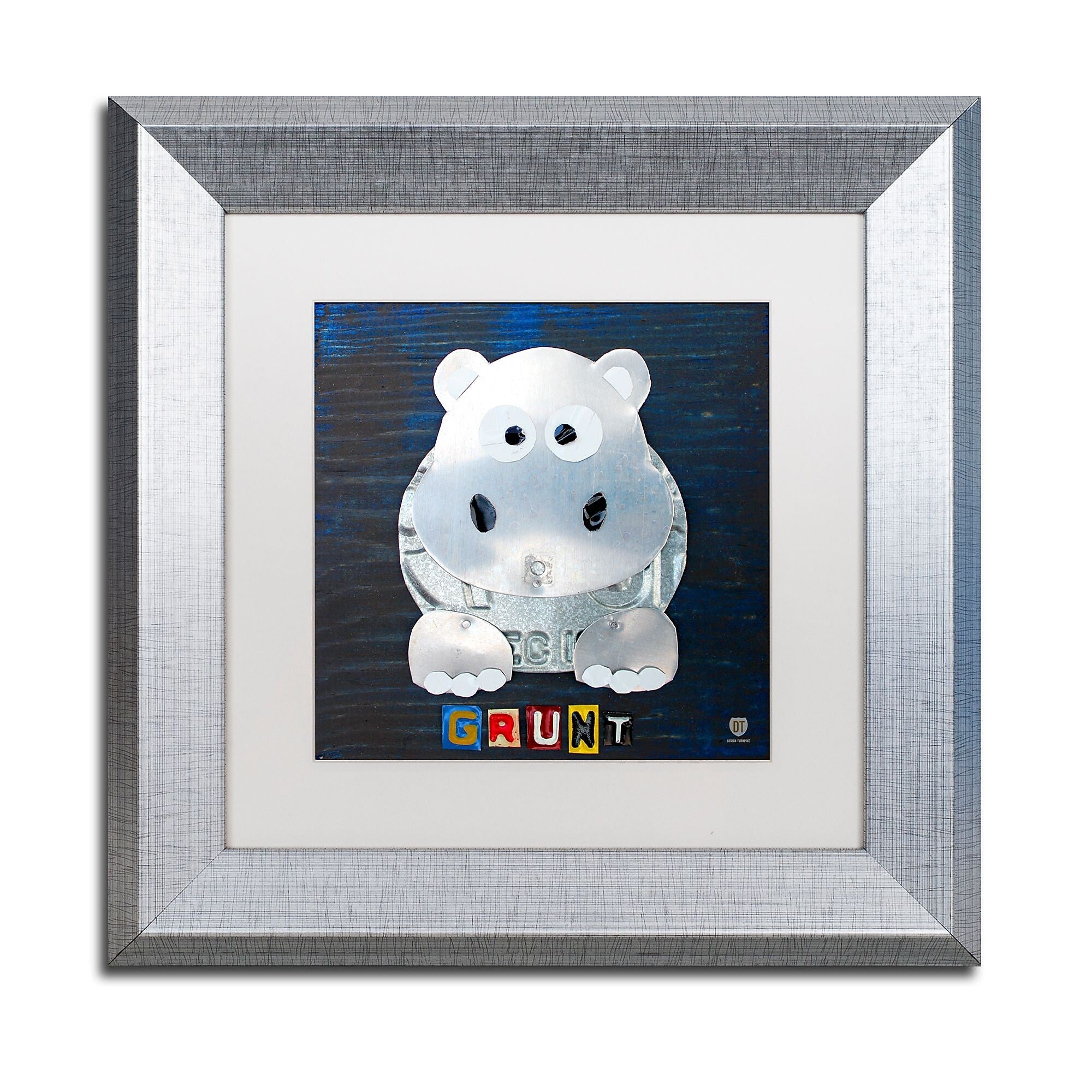Trademark Fine Art ''Grunt The Hippo'' by Design Turnpike 11" x 11" White Matted Silver Frame (ALI1279-S1111MF)