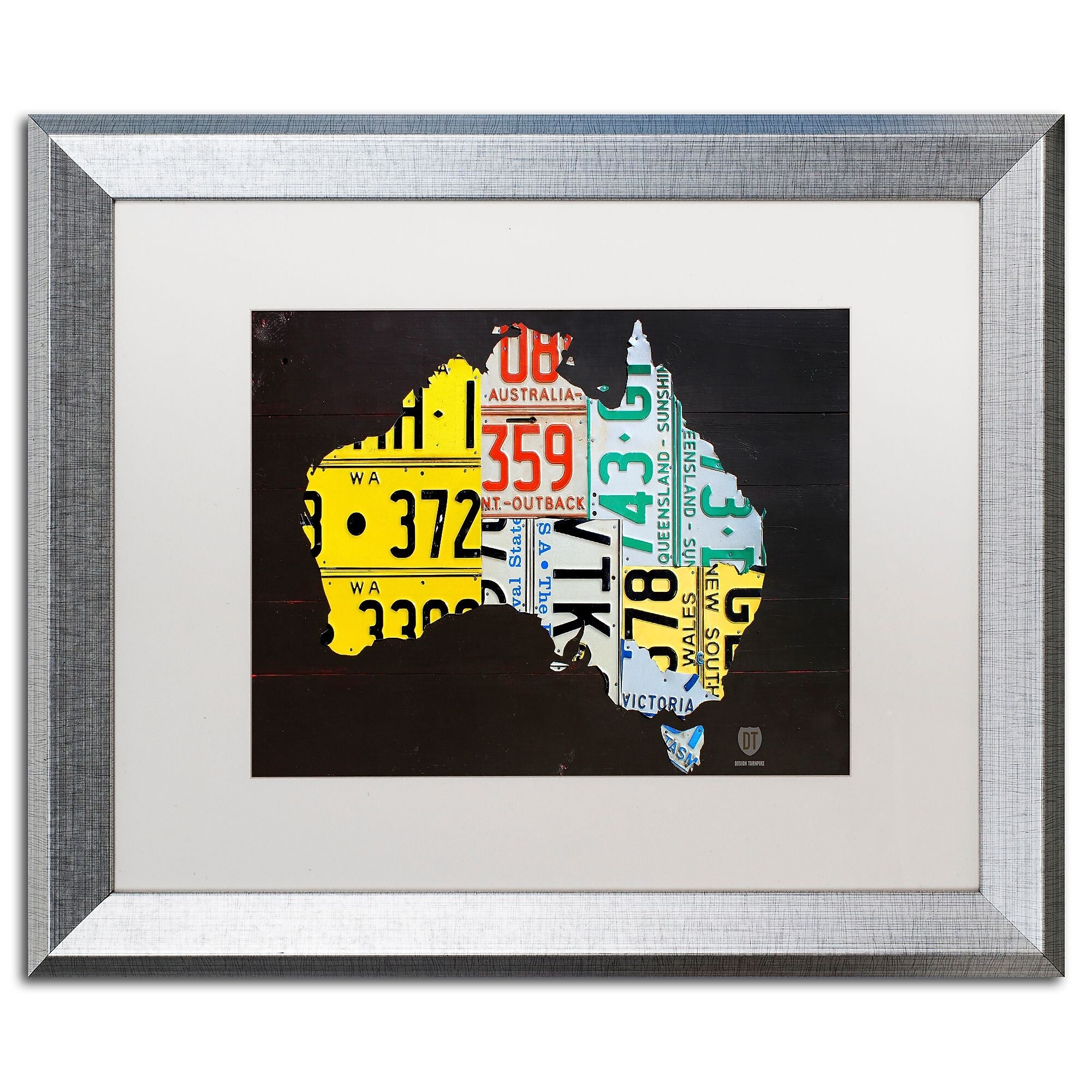 Trademark Fine Art ''Australia License Plate Map'' by Design Turnpike 16" x 20" White Matted Silver Frame (ALI1311-S1620MF)