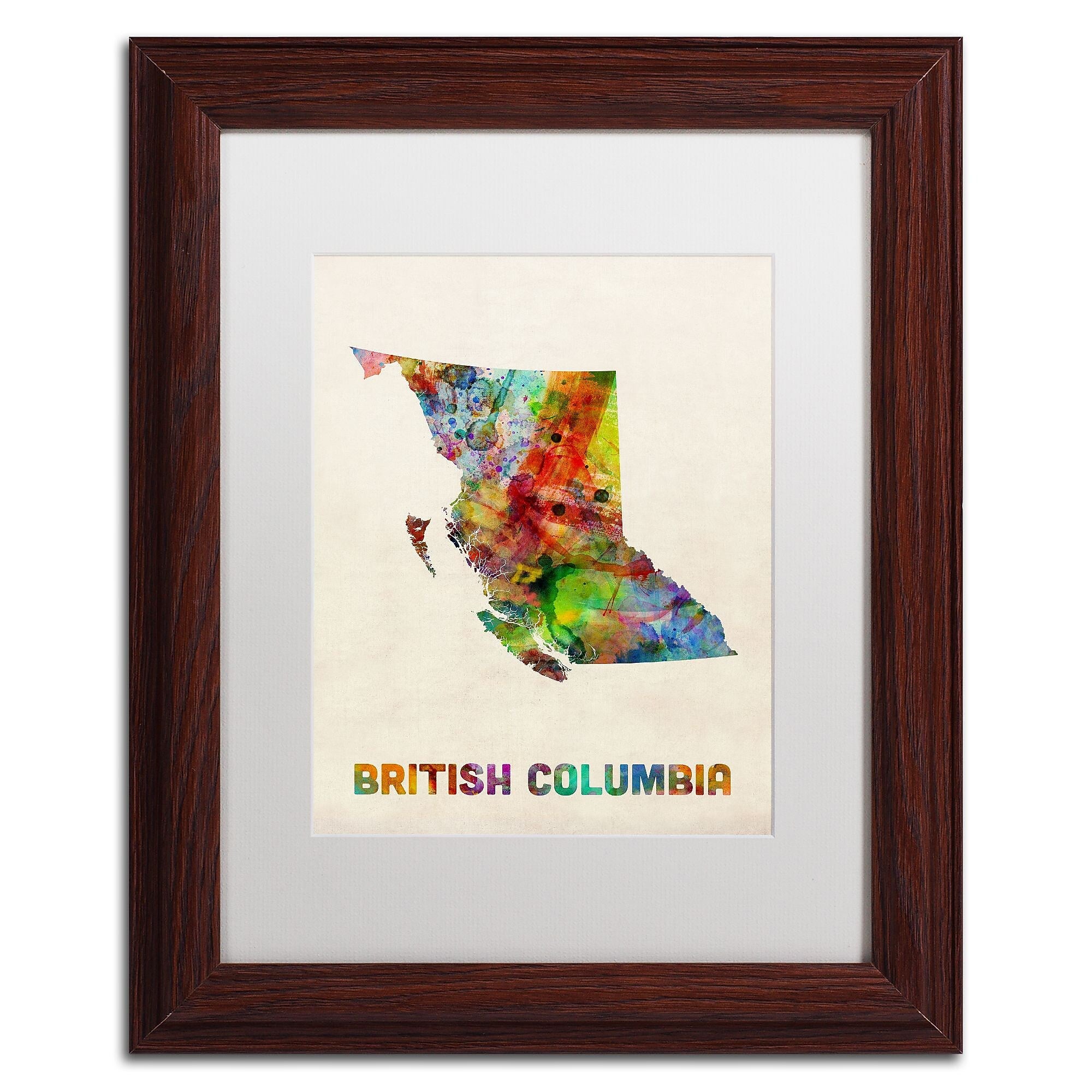 Trademark Fine Art ''British Columbia Watercolor Map'' by Michael Tompsett 11" x 14" White Matted Wood Frame (MT0503-W1114MF)