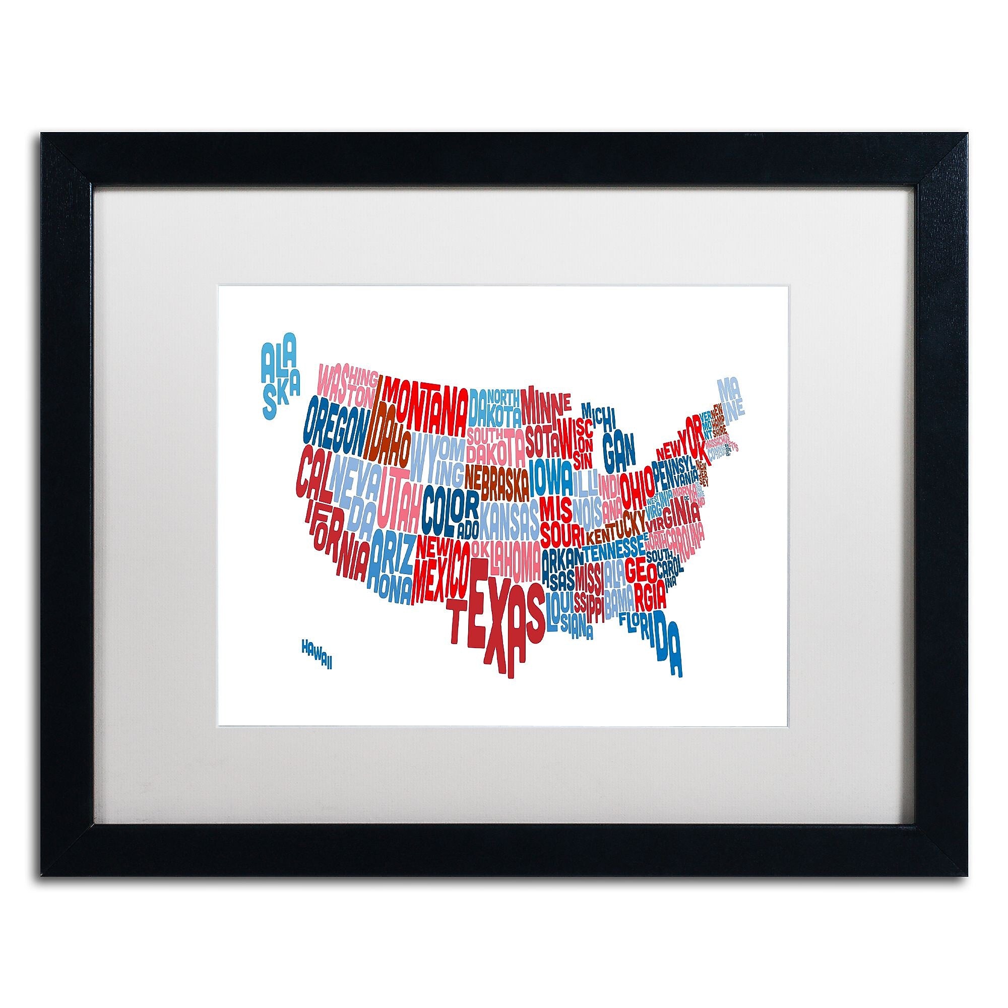 Trademark Fine Art ''United States Typography Text Map'' by Michael Tompsett 16" x 20" White Matted Black Frame (MT0504-B1620MF)