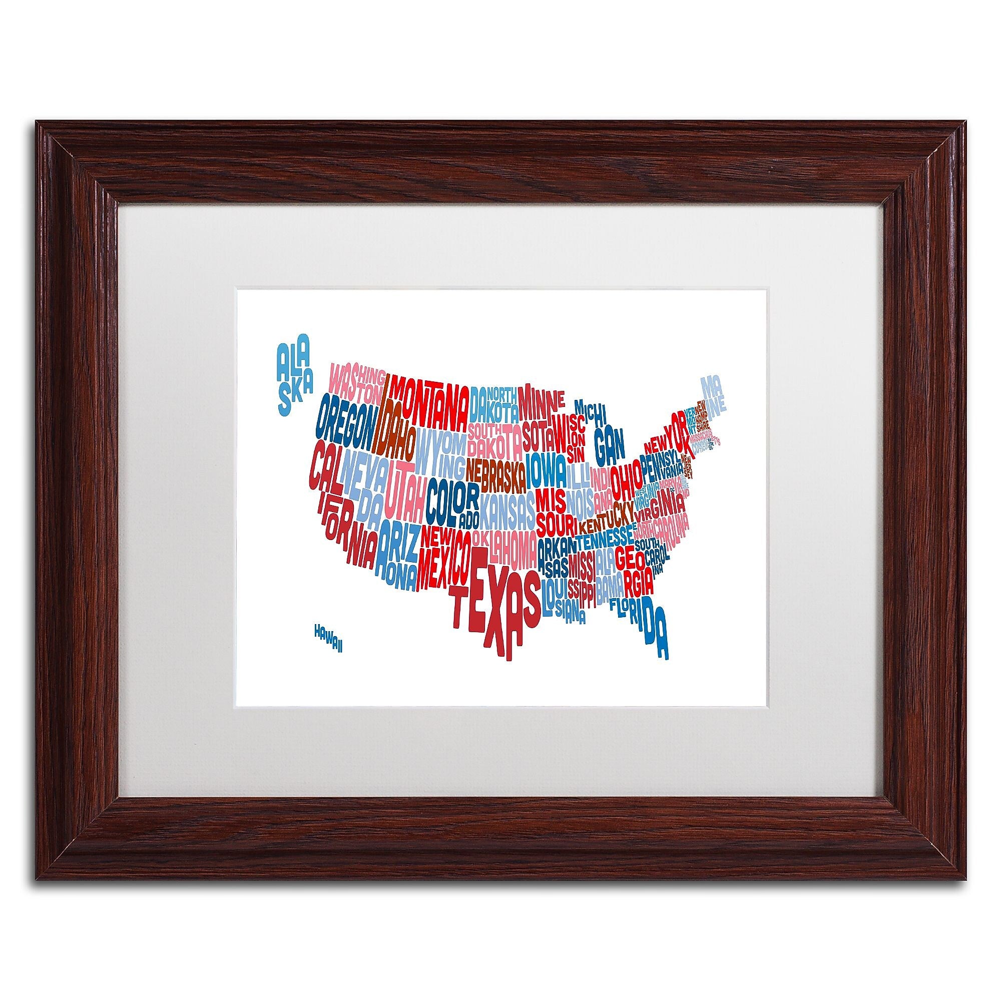 Trademark Fine Art ''United States Typography Text Map'' by Michael Tompsett 11" x 14" Wood Frame (MT0504-W1114MF)