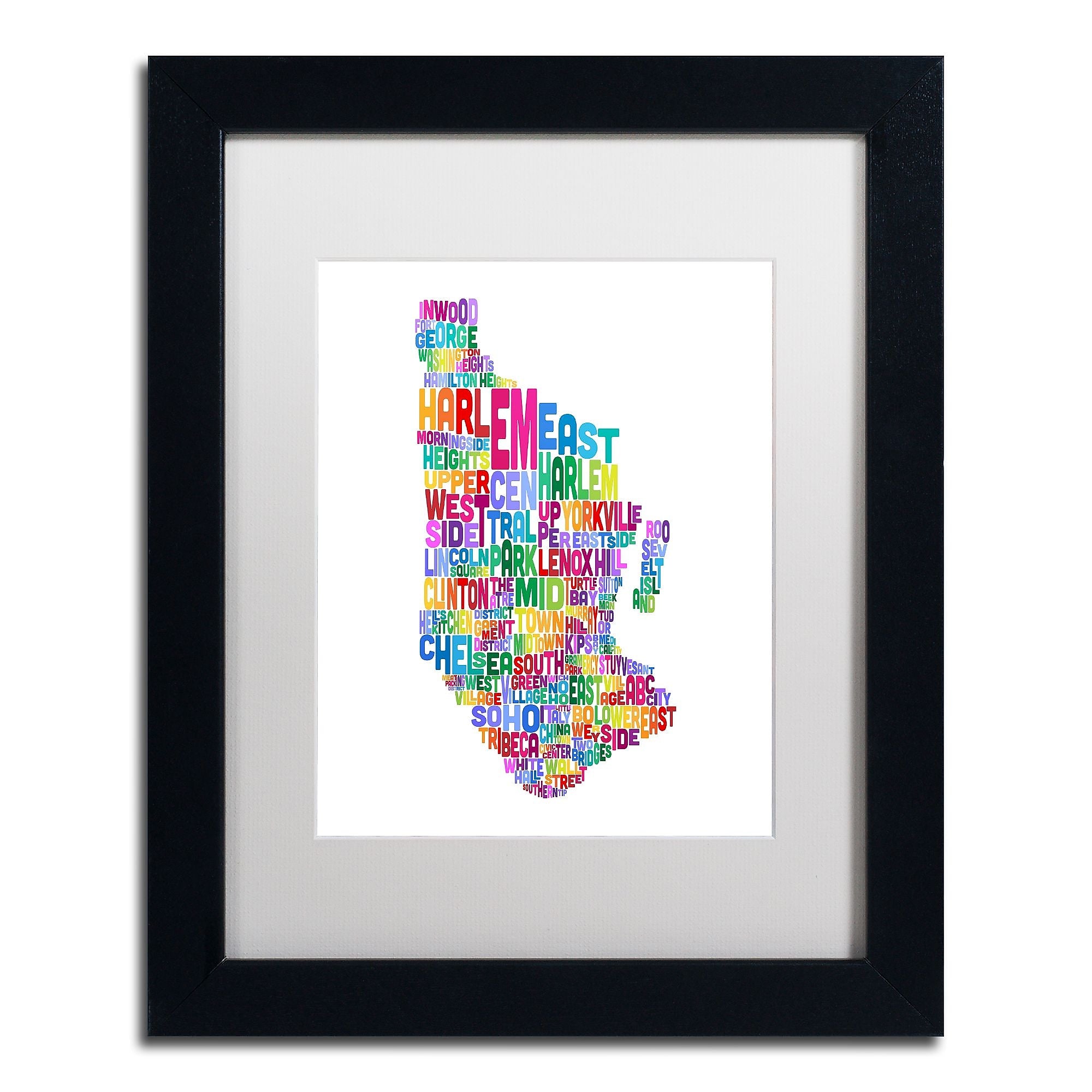 Trademark Fine Art ''Manhattan New York Typography Map'' by Michael Tompsett 11" x 14" White Matted Black Frame (MT0505-B1114MF)