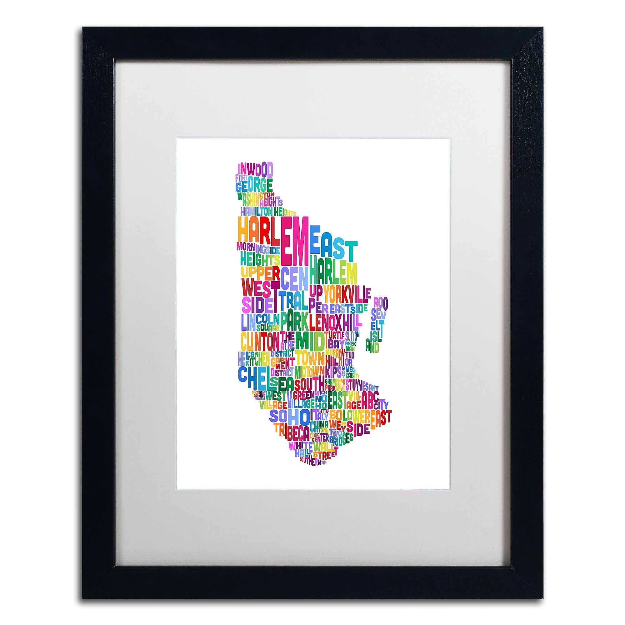 Trademark Fine Art ''Manhattan New York Typography Map'' by Michael Tompsett 16" x 20" White Matted Black Frame (MT0505-B1620MF)