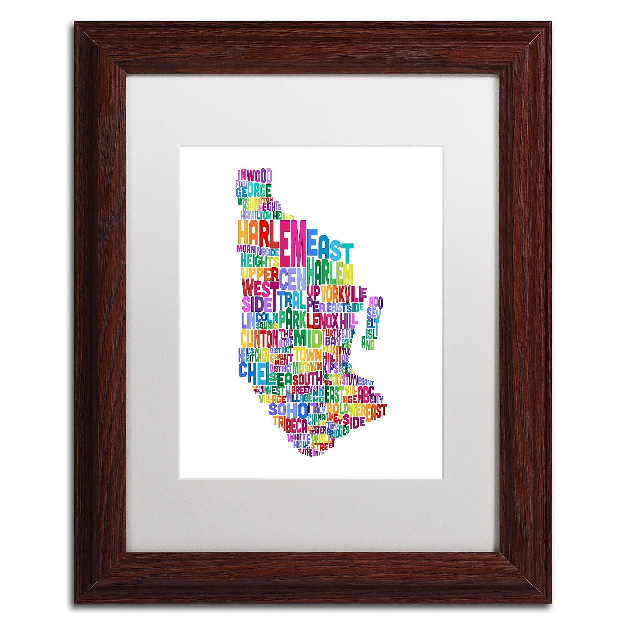 Trademark Fine Art ''Manhattan New York Typography Map'' by Michael Tompsett 11" x 14" White Matted Wood Frame (MT0505-W1114MF)