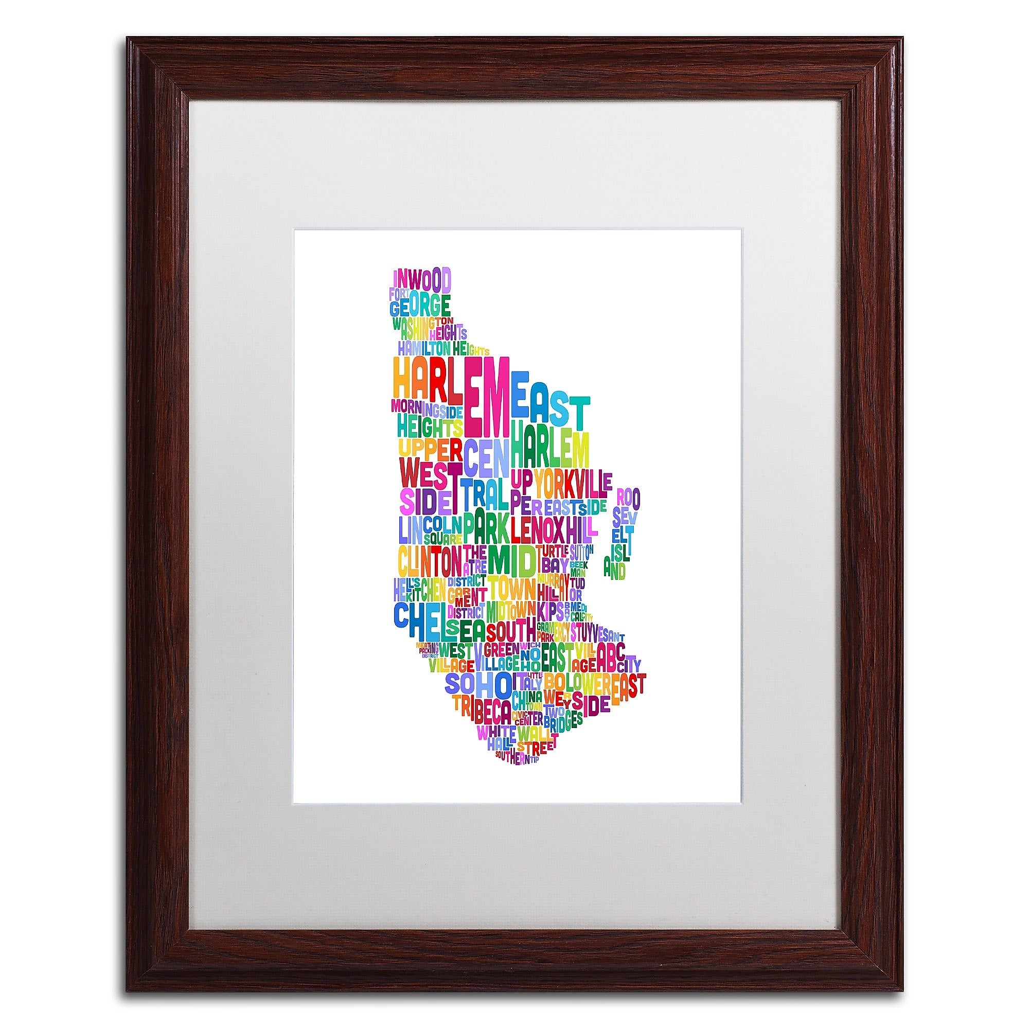 Trademark Fine Art ''Manhattan New York Typography Map'' by Michael Tompsett 16" x 20" White Matted Wood Frame (MT0505-W1620MF)