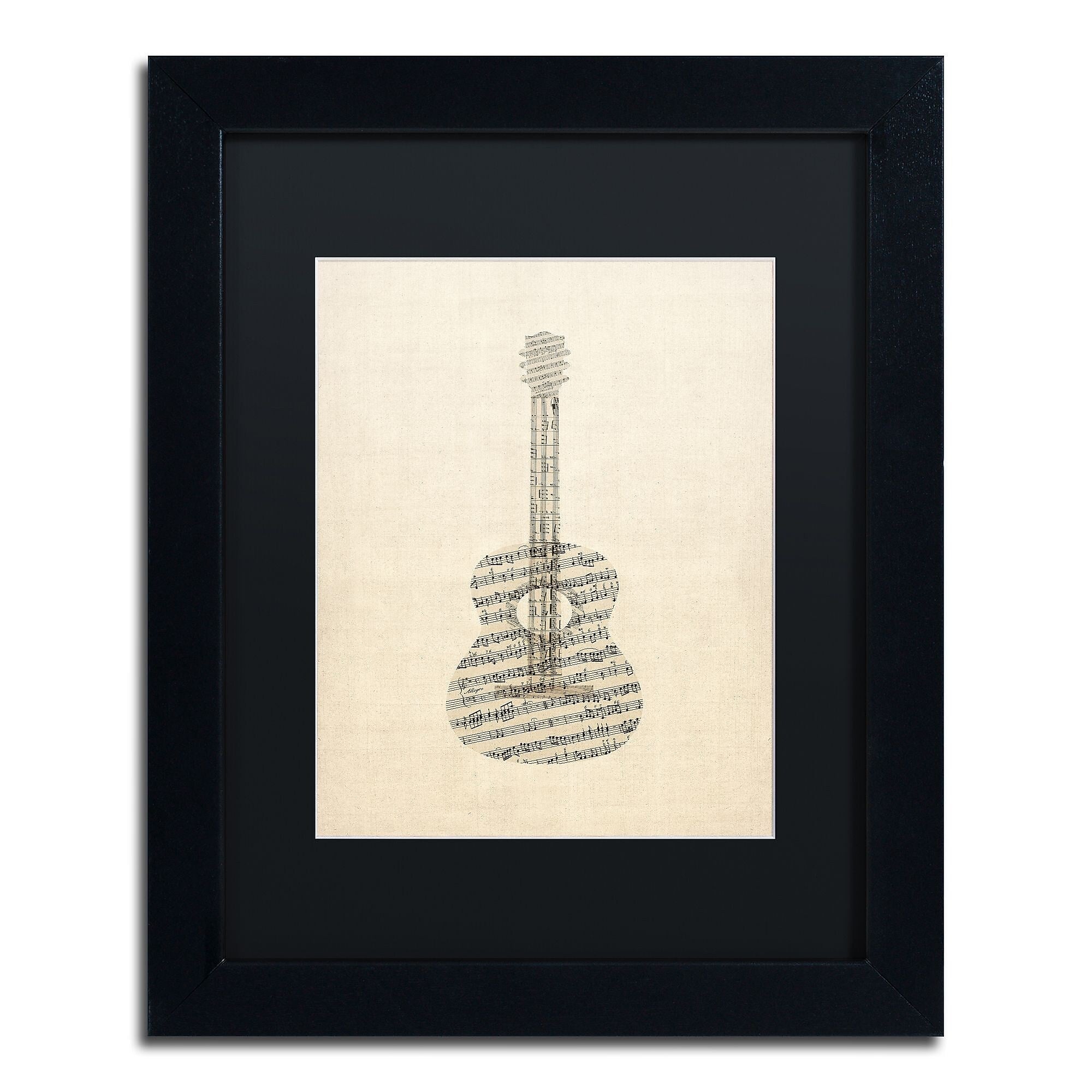 Trademark Fine Art ''Acoustic Guitar Old Sheet Music'' by Michael Tompsett 11" x 14" Black Matted Black Frame (MT0506-B1114BMF)