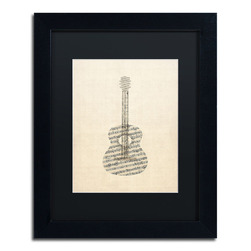 Trademark Fine Art ''Acoustic Guitar Old Sheet Music'' by Michael Tompsett 11" x 14" Black Matted Black Frame (MT0506-B1114BMF)