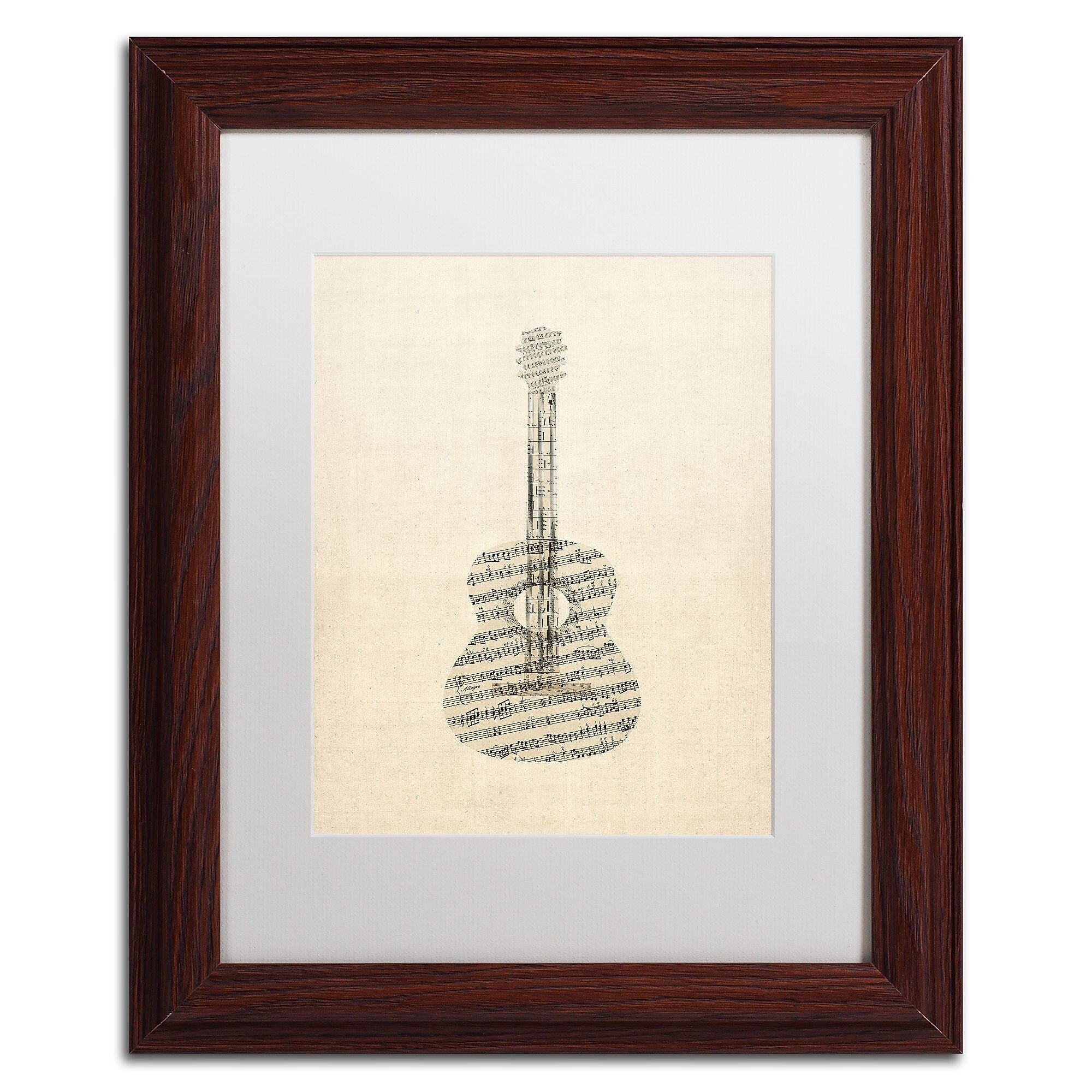 Trademark Fine Art ''Acoustic Guitar Old Sheet Music'' by Michael Tompsett 11" x 14" White Matted Wood Frame (MT0506-W1114MF)