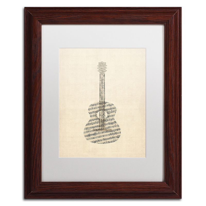 Trademark Fine Art ''Acoustic Guitar Old Sheet Music'' by Michael Tompsett 11" x 14" White Matted Wood Frame (MT0506-W1114MF)