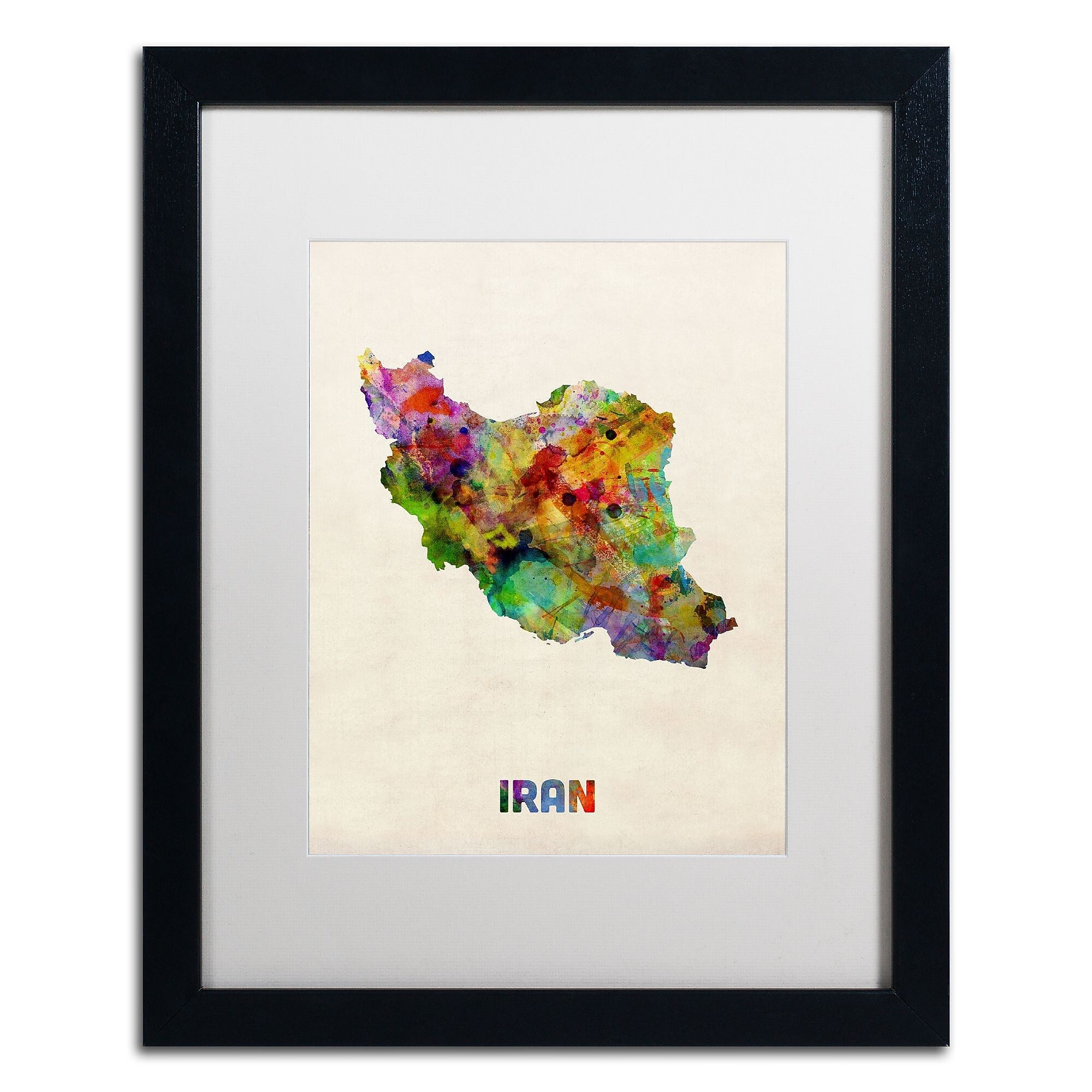 Trademark Fine Art ''Iran Watercolor Map'' by Michael Tompsett 16" x 20" White Matted Black Frame (MT0507-B1620MF)