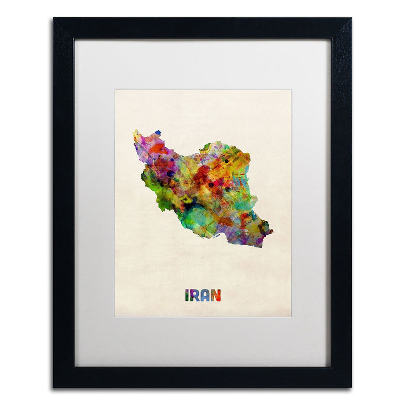 Trademark Fine Art ''Iran Watercolor Map'' by Michael Tompsett 16" x 20" White Matted Black Frame (MT0507-B1620MF)