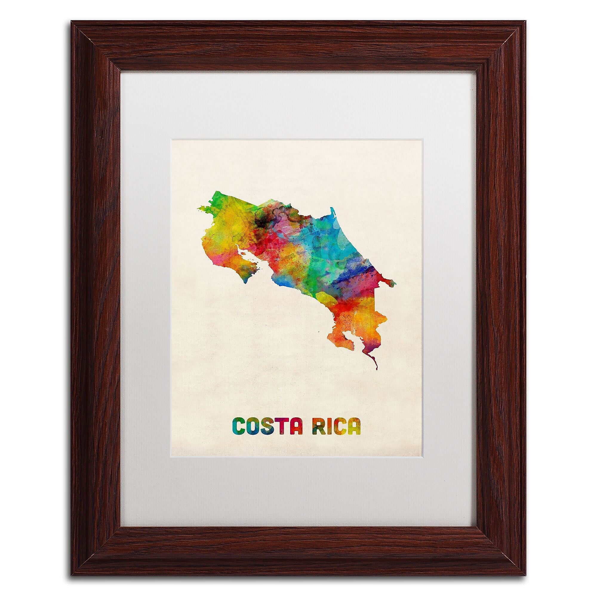 Trademark Fine Art ''Costa Rica Watercolor Map'' by Michael Tompsett 11" x 14" White Matted Wood Frame (MT0510-W1114MF)