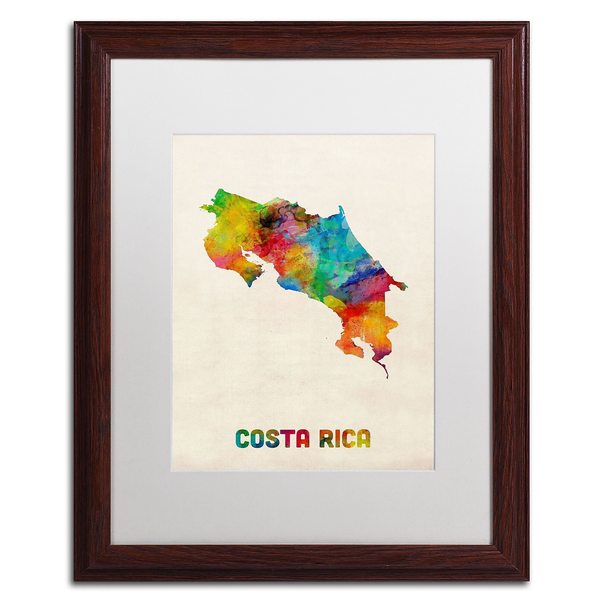 Trademark Fine Art ''Costa Rica Watercolor Map'' by Michael Tompsett 16" x 20" White Matted Wood Frame (MT0510-W1620MF)