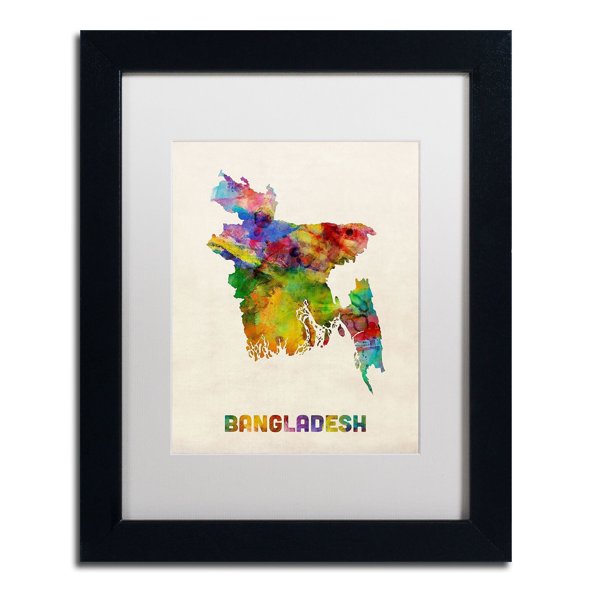 Trademark Fine Art ''Bangladesh Watercolor Map'' by Michael Tompsett 11" x 14" White Matted Black Frame (MT0511-B1114MF)