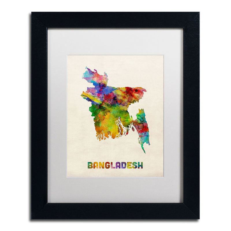 Trademark Fine Art ''Bangladesh Watercolor Map'' by Michael Tompsett 11" x 14" White Matted Black Frame (MT0511-B1114MF)