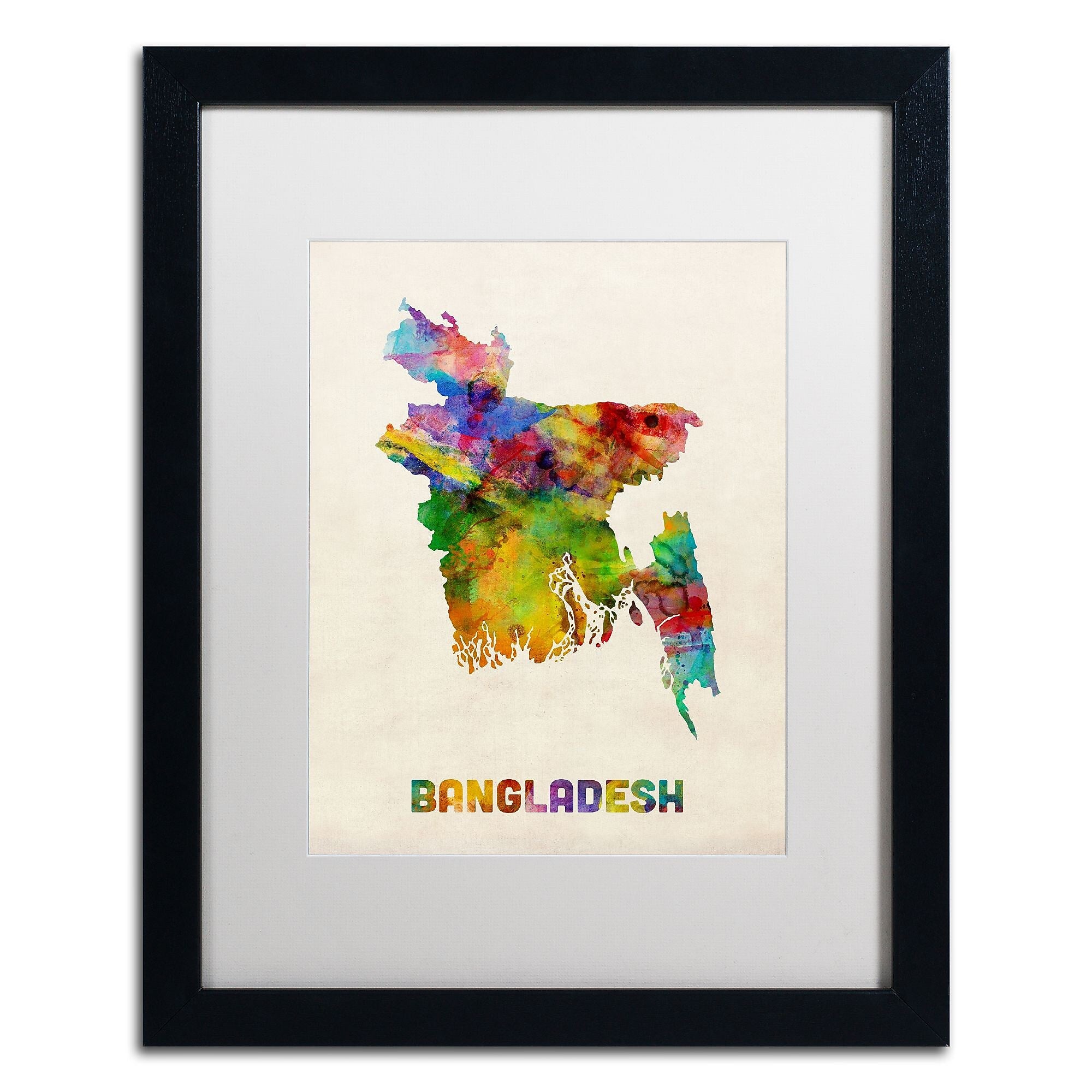 Trademark Fine Art ''Bangladesh Watercolor Map'' by Michael Tompsett 16" x 20" White Matted Black Frame (MT0511-B1620MF)
