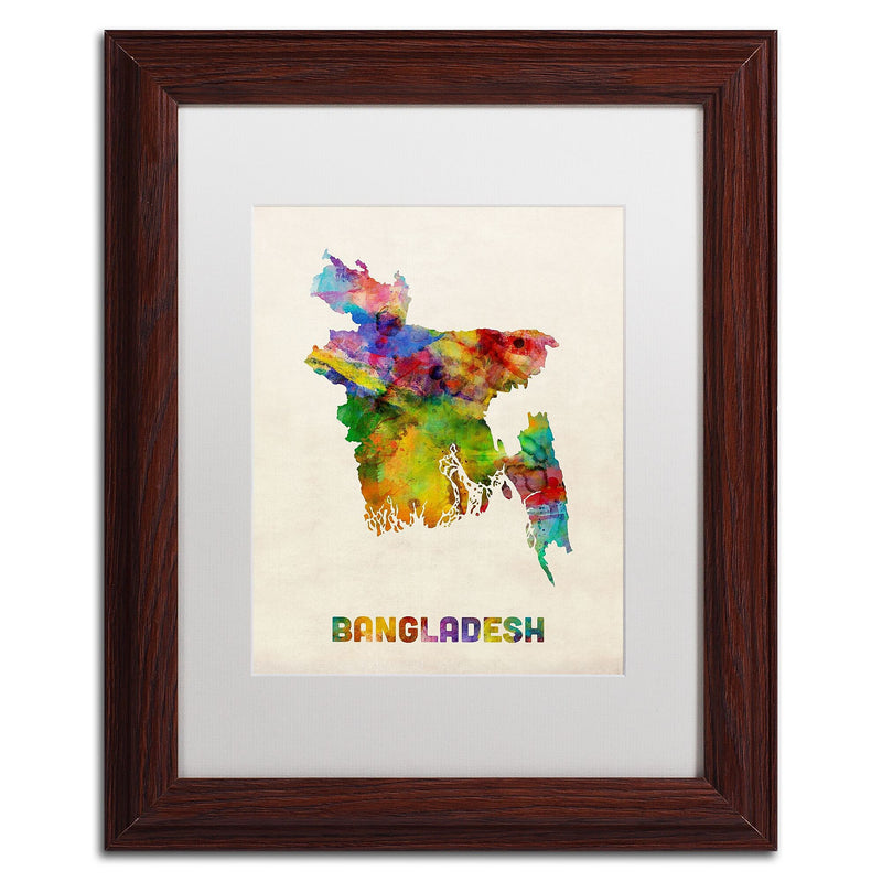 Trademark Fine Art ''Bangladesh Watercolor Map'' by Michael Tompsett 11" x 14" White Matted Wood Frame (MT0511-W1114MF)