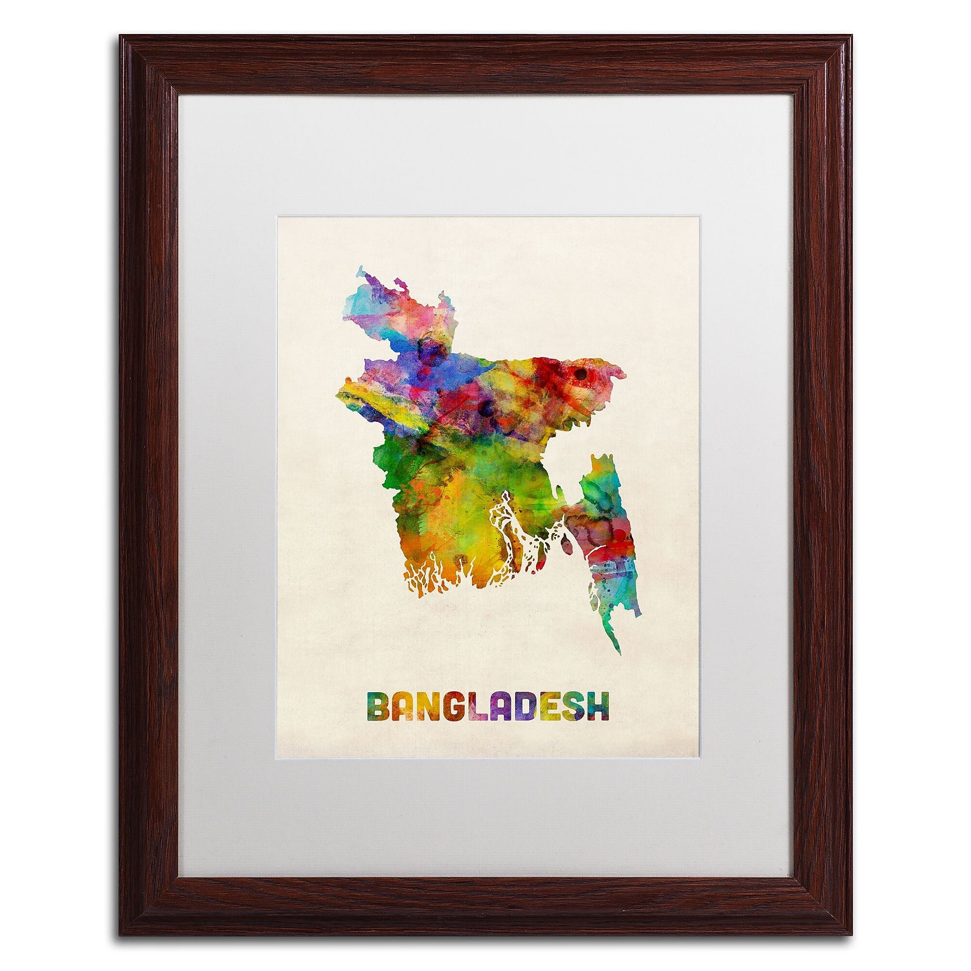 Trademark Fine Art ''Bangladesh Watercolor Map'' by Michael Tompsett 16" x 20" White Matted Wood Frame (MT0511-W1620MF)