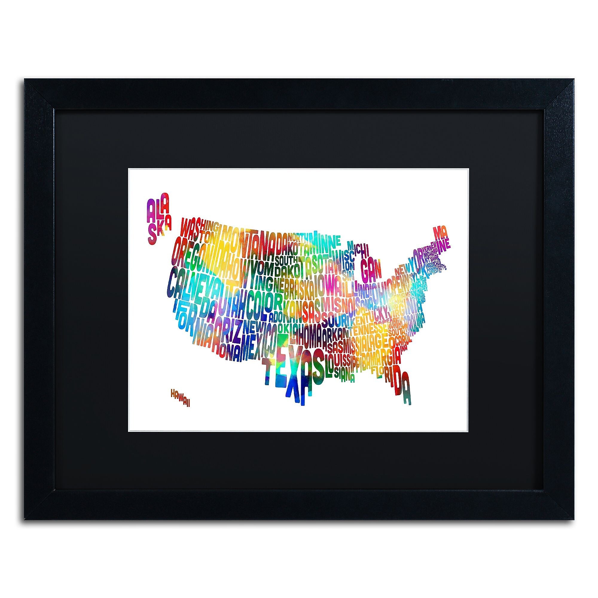 Trademark Fine Art ''United States Typography Map 2'' by Michael Tompsett 16" x 20" Black Matted Black Frame (MT0513-B1620BMF)