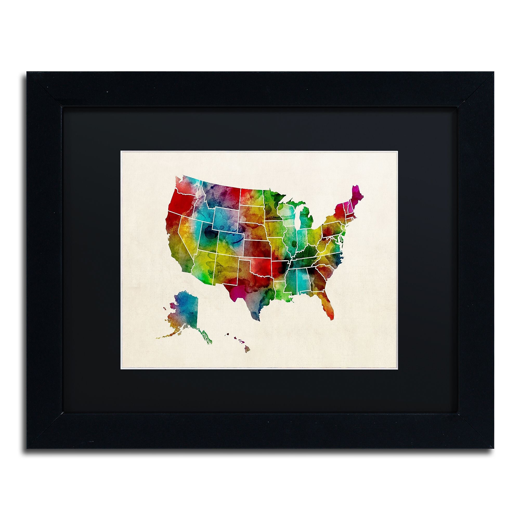 Trademark Fine Art ''United States Watercolor Map 2'' by Michael Tompsett 11" x 14" Black Matted Black Frame (MT0514-B1114BMF)