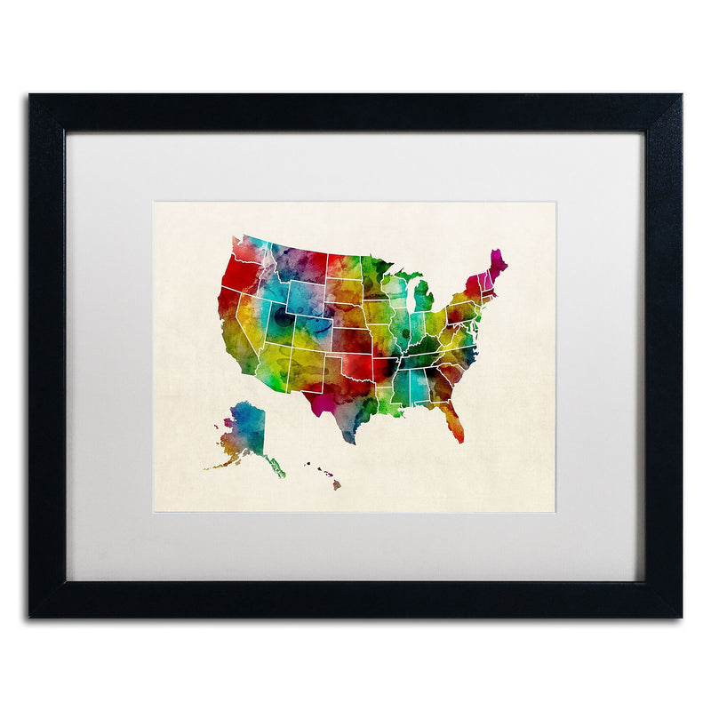 Trademark Fine Art ''United States Watercolor Map 2'' by Michael Tompsett 16" x 20" White Matted Black Frame (MT0514-B1620MF)