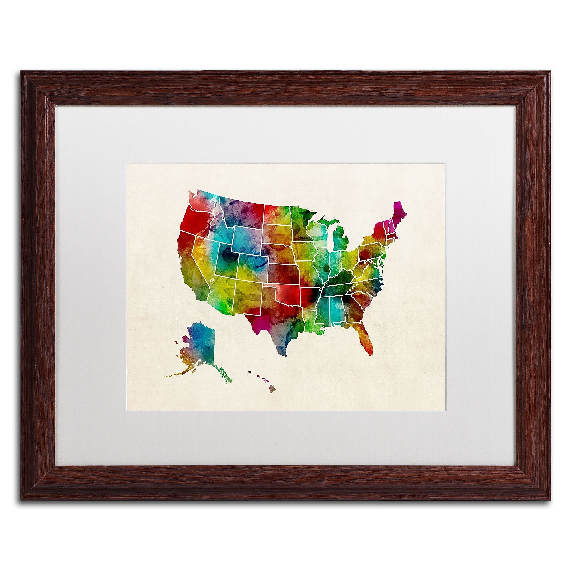 Trademark Fine Art ''United States Watercolor Map 2'' by Michael Tompsett 16" x 20" White Matted Wood Frame (MT0514-W1620MF)
