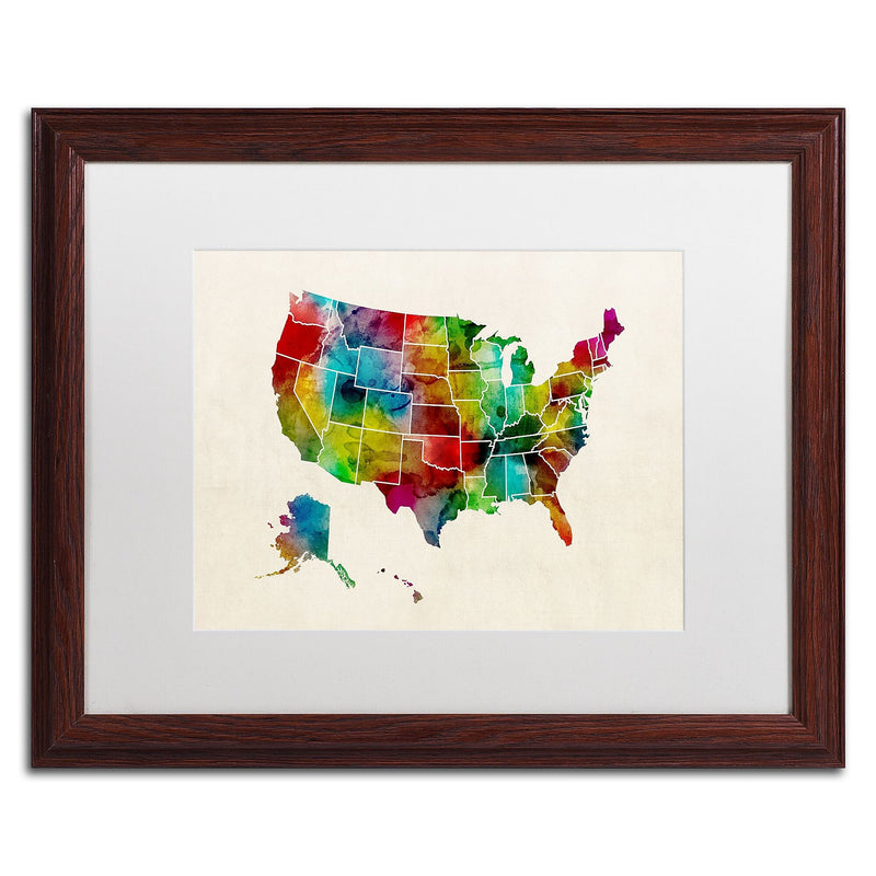 Trademark Fine Art ''United States Watercolor Map 2'' by Michael Tompsett 16" x 20" White Matted Wood Frame (MT0514-W1620MF)