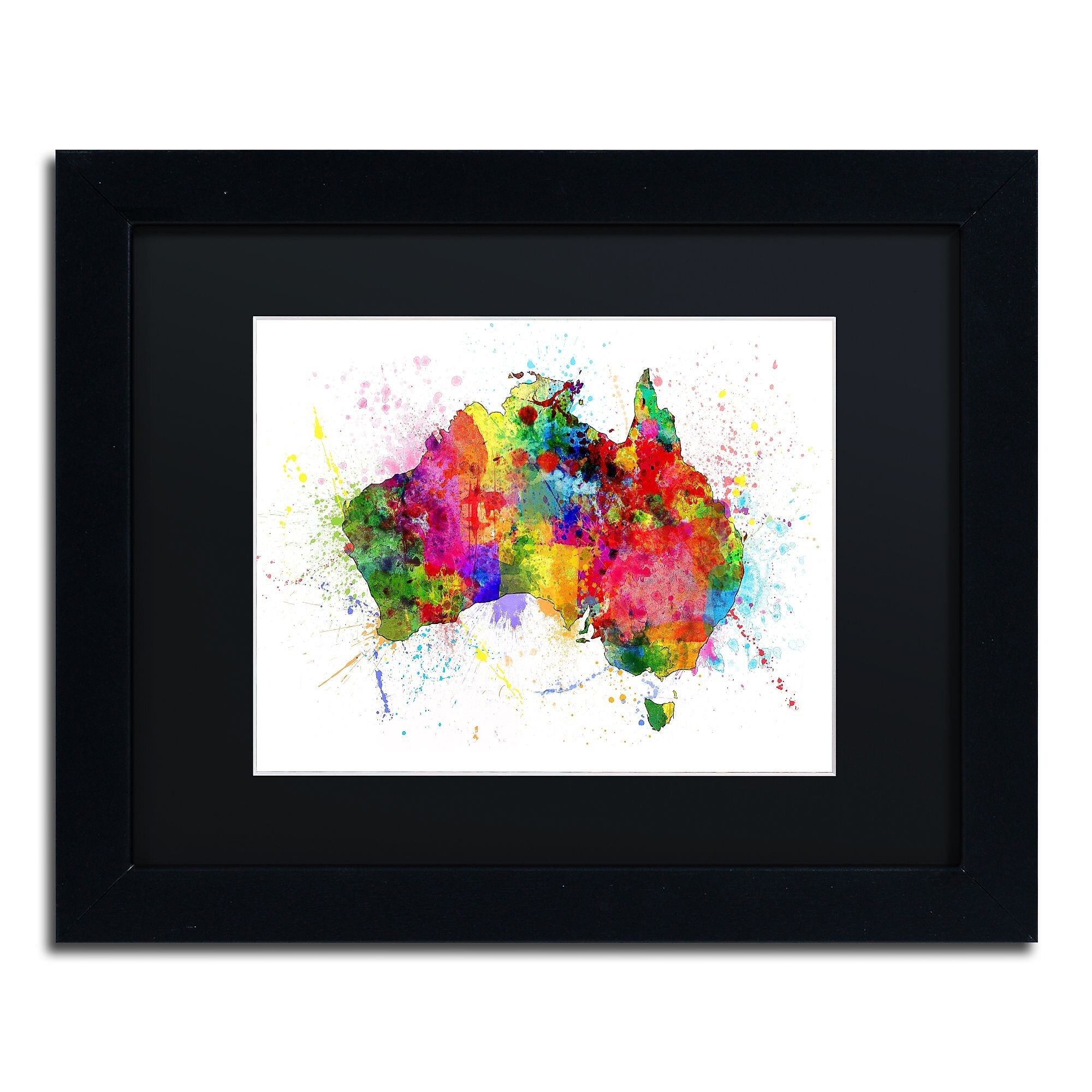 Trademark Fine Art ''Australia Paint Splashes Map'' by Michael Tompsett 11" x 14" Black Matted Black Frame (MT0515-B1114BMF)
