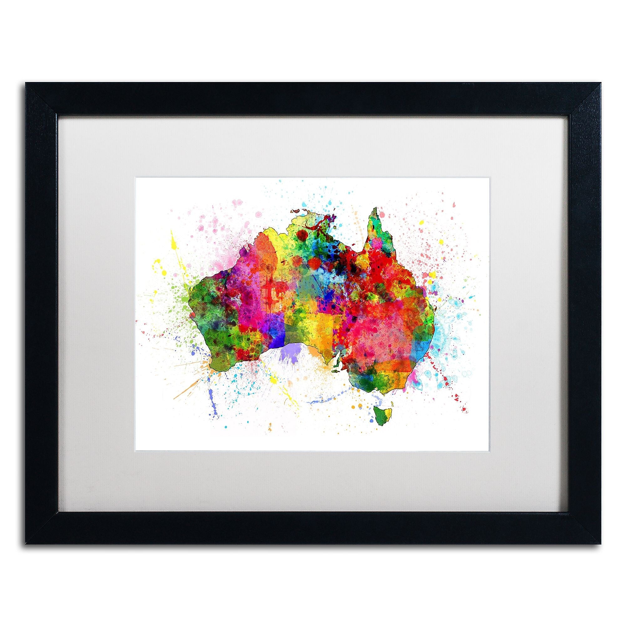 Trademark Fine Art ''Australia Paint Splashes Map'' by Michael Tompsett 16" x 20" White Matted Black Frame (MT0515-B1620MF)
