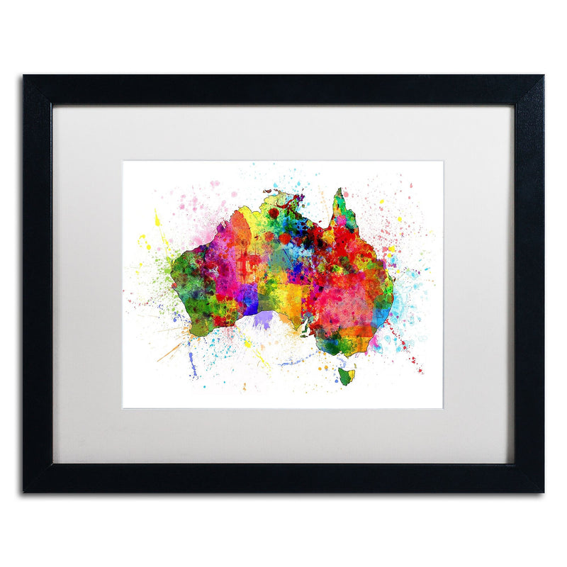 Trademark Fine Art ''Australia Paint Splashes Map'' by Michael Tompsett 16" x 20" White Matted Black Frame (MT0515-B1620MF)