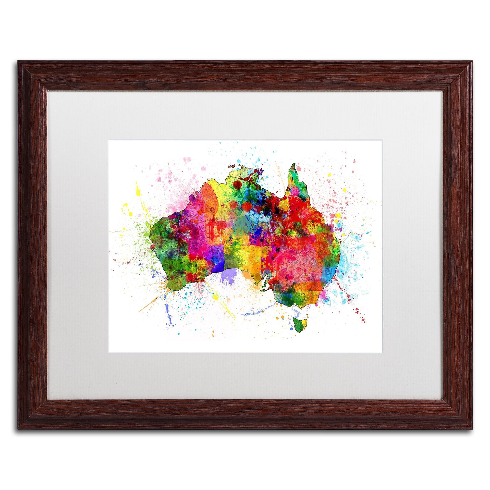 Trademark Fine Art ''Australia Paint Splashes Map'' by Michael Tompsett 16" x 20" White Matted Wood Frame (MT0515-W1620MF)