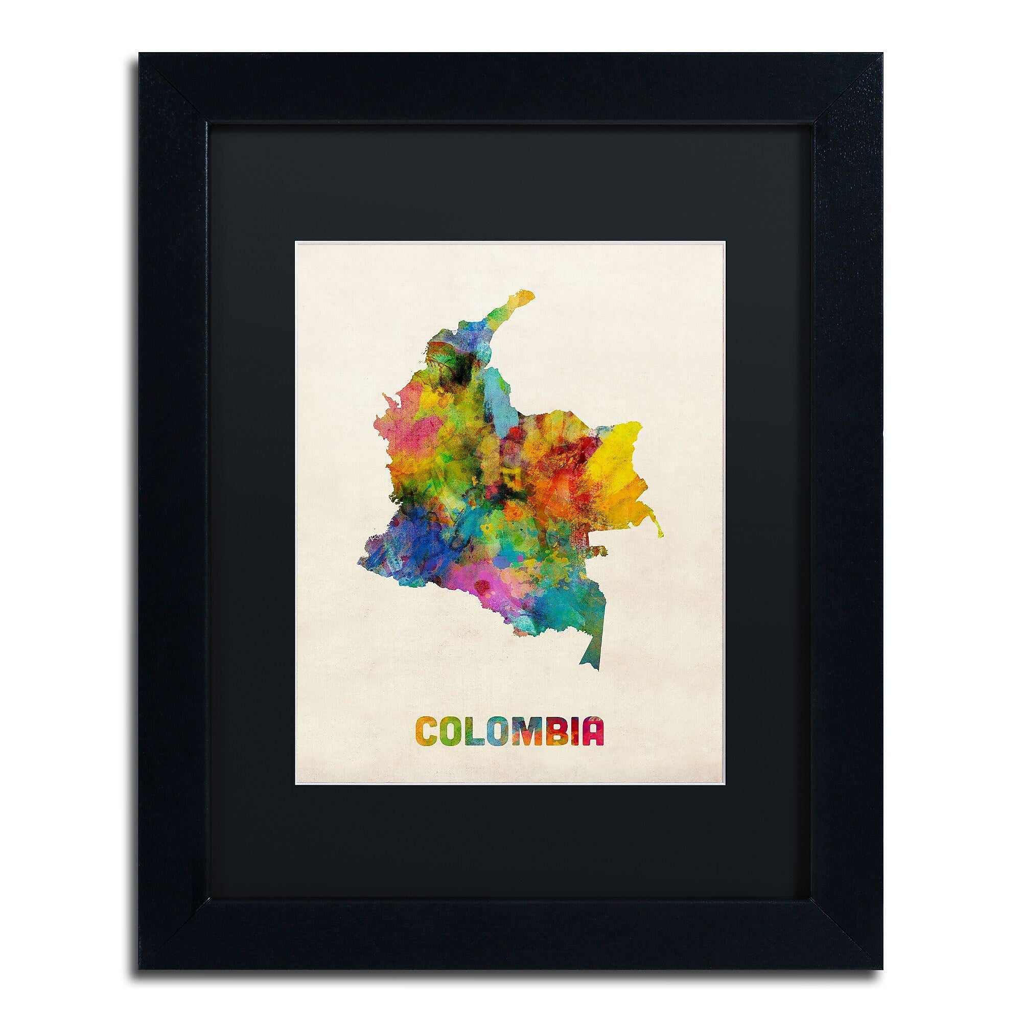 Trademark Fine Art ''Colombia Watercolor Map'' by Michael Tompsett 11" x 14" Black Matted Black Frame (MT0518-B1114BMF)