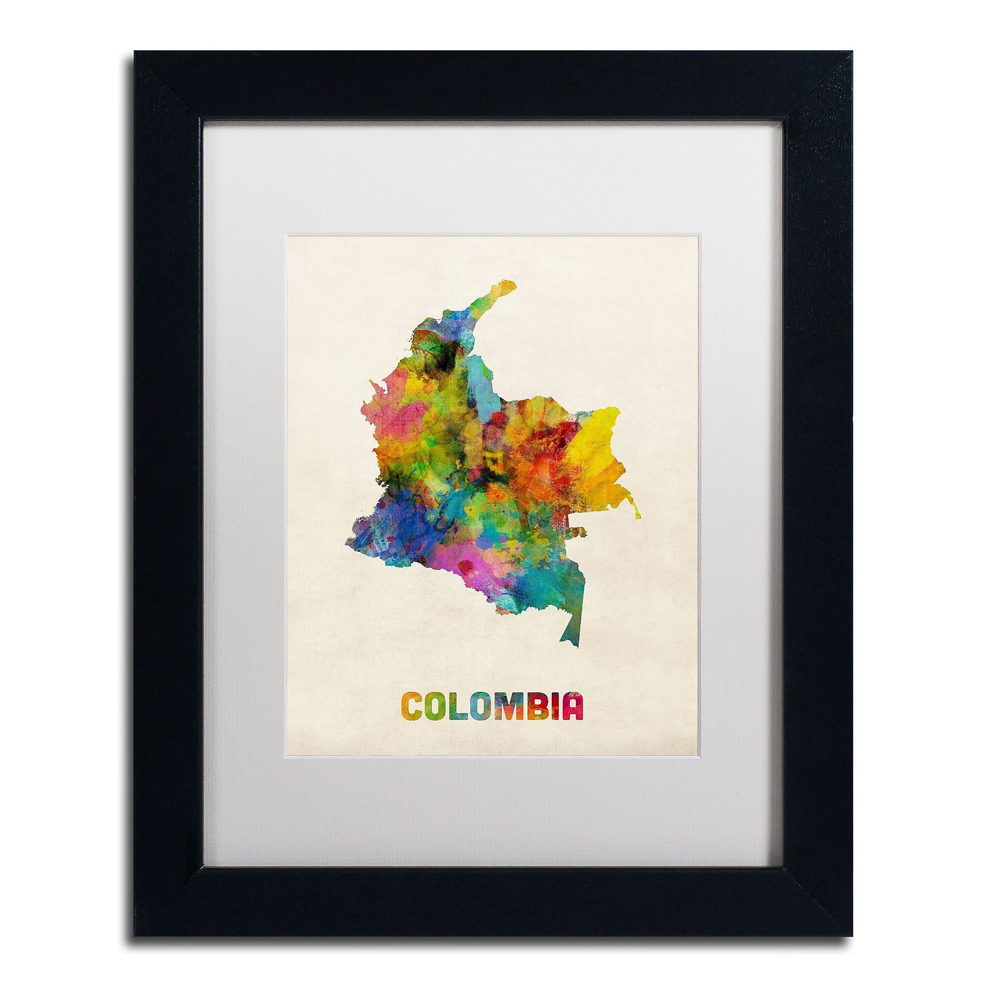 Trademark Fine Art ''Colombia Watercolor Map'' by Michael Tompsett 11" x 14" White Matted Black Frame (MT0518-B1114MF)