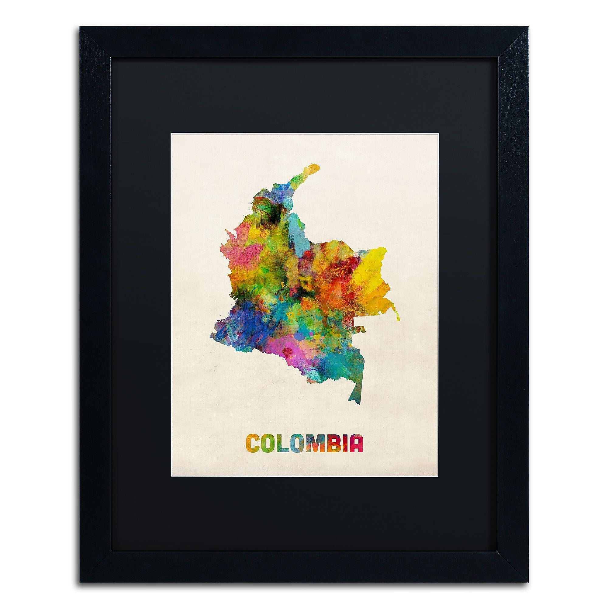 Trademark Fine Art ''Colombia Watercolor Map'' by Michael Tompsett 16" x 20" Black Matted Black Frame (MT0518-B1620BMF)