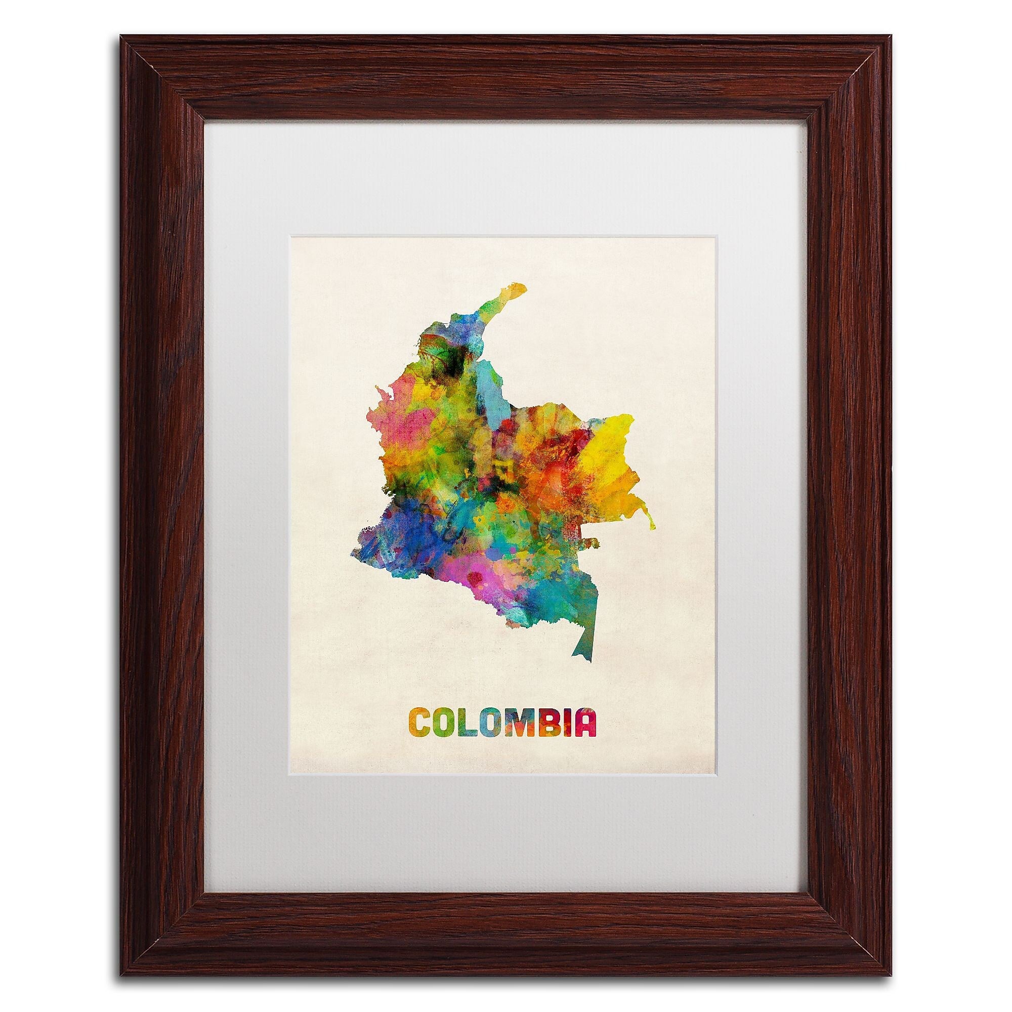 Trademark Fine Art ''Colombia Watercolor Map'' by Michael Tompsett 11" x 14" White Matted Wood Frame (MT0518-W1114MF)