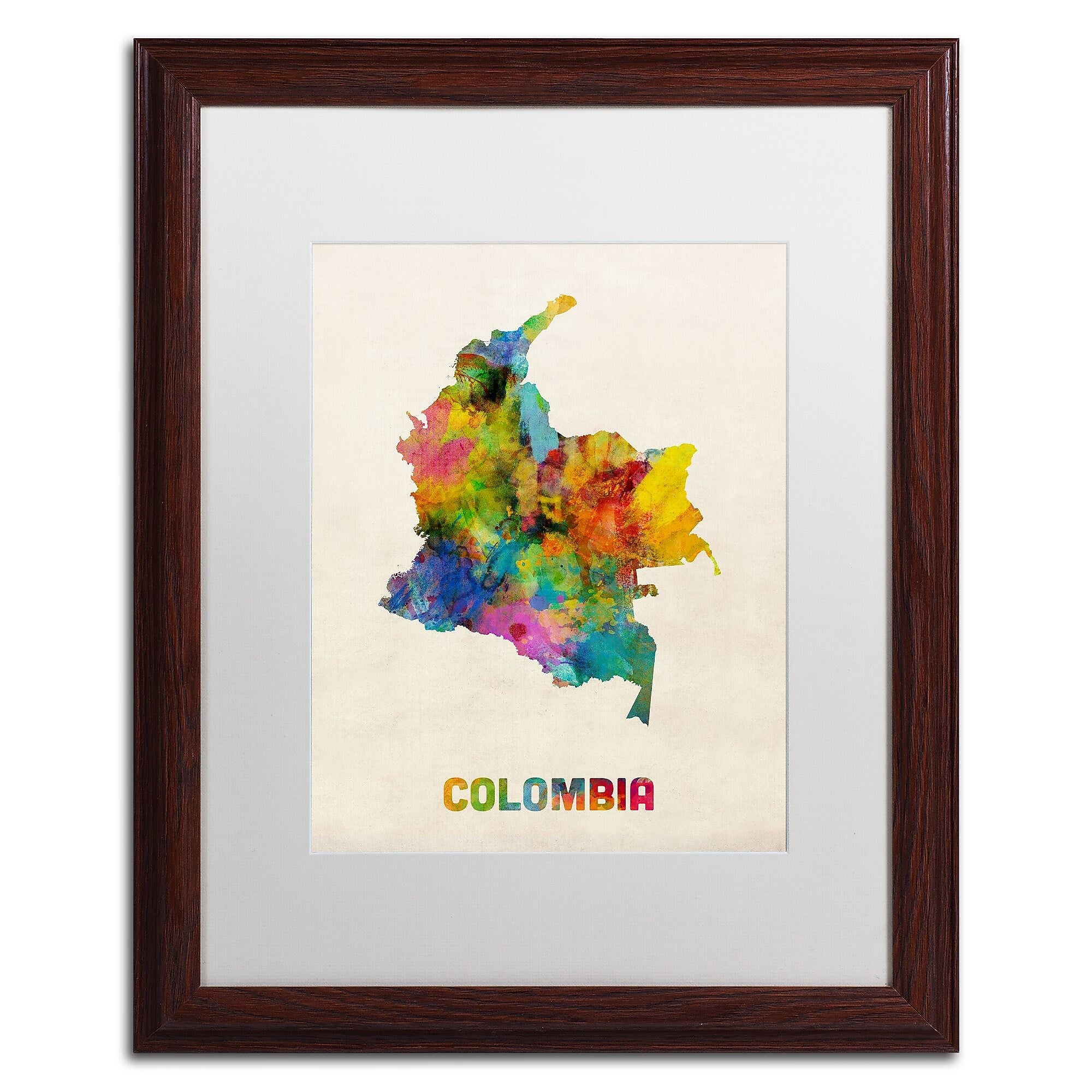 Trademark Fine Art ''Colombia Watercolor Map'' by Michael Tompsett 16" x 20" White Matted Wood Frame (MT0518-W1620MF)