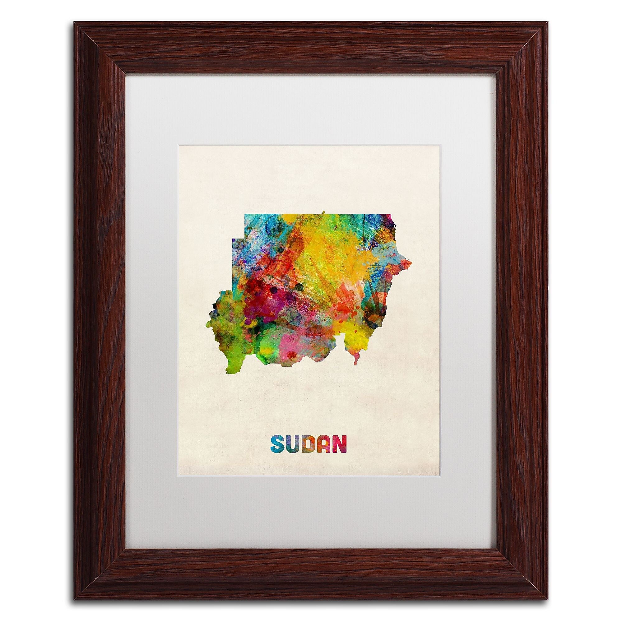 Trademark Fine Art ''Sudan Watercolor Map'' by Michael Tompsett 11" x 14" White Matted Wood Frame (MT0519-W1114MF)