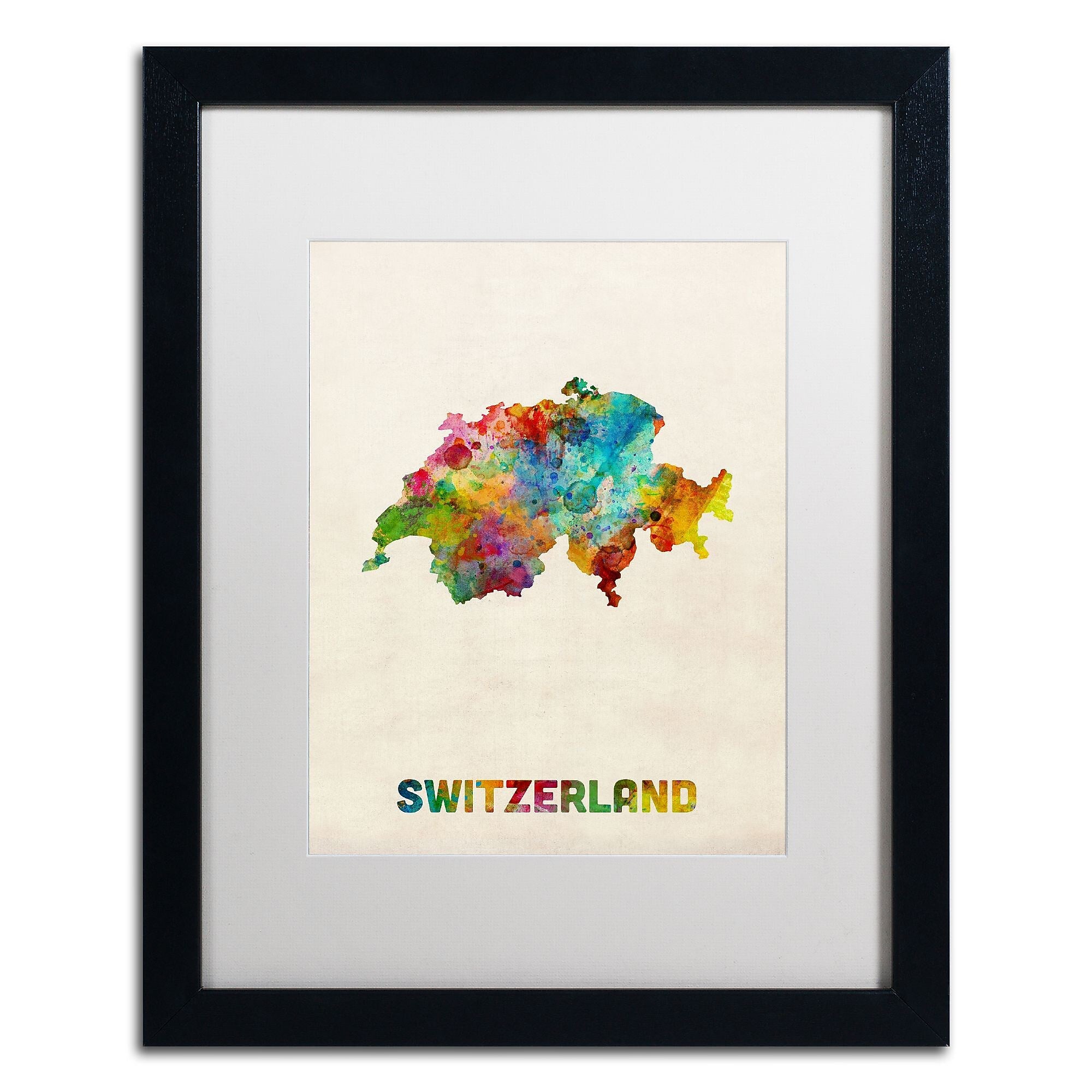 Trademark Fine Art ''Switzerland Watercolor Map'' by Michael Tompsett 16" x 20" White Matted Black Frame (MT0520-B1620MF)