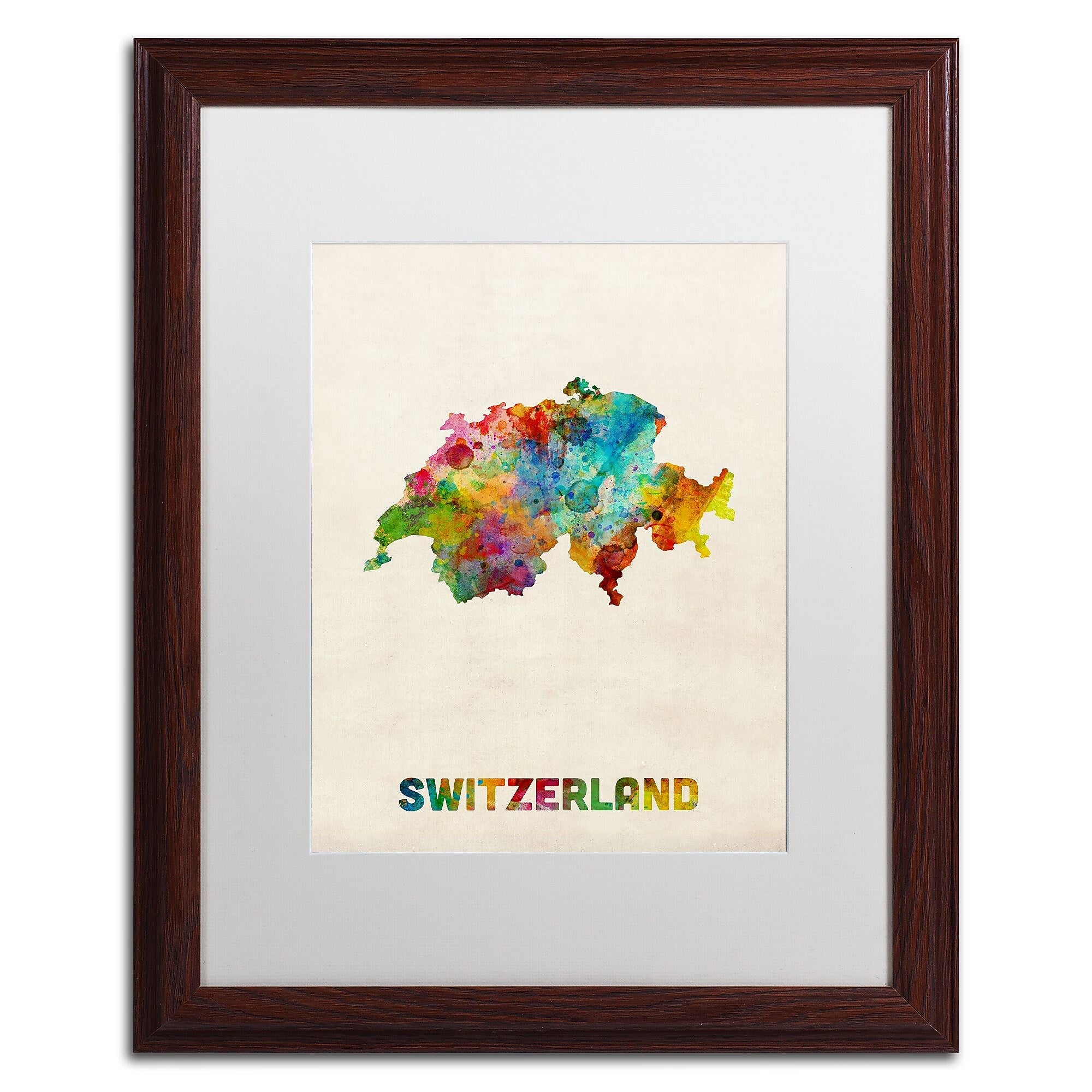 Trademark Fine Art ''Switzerland Watercolor Map'' by Michael Tompsett 16" x 20" White Matted Wood Frame (MT0520-W1620MF)