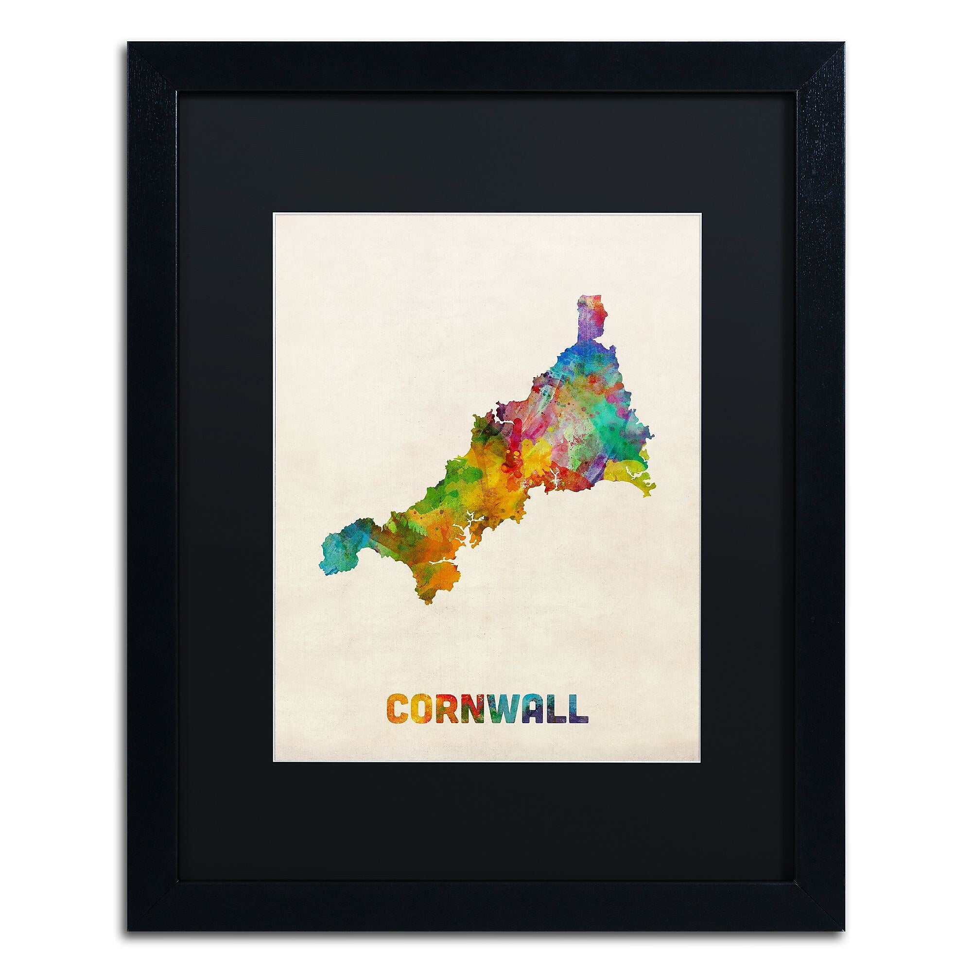 Trademark Fine Art ''Cornwall England Watercolor Map'' by Michael Tompsett 16" x 20" Black Matted Black Frame (MT0521-B1620BMF)