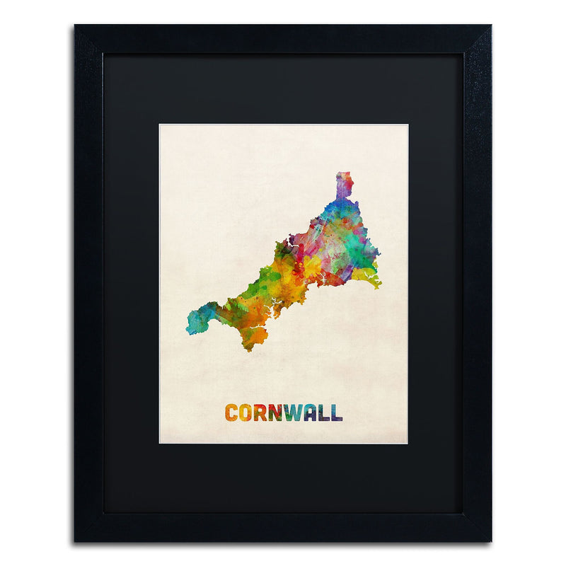 Trademark Fine Art ''Cornwall England Watercolor Map'' by Michael Tompsett 16" x 20" Black Matted Black Frame (MT0521-B1620BMF)