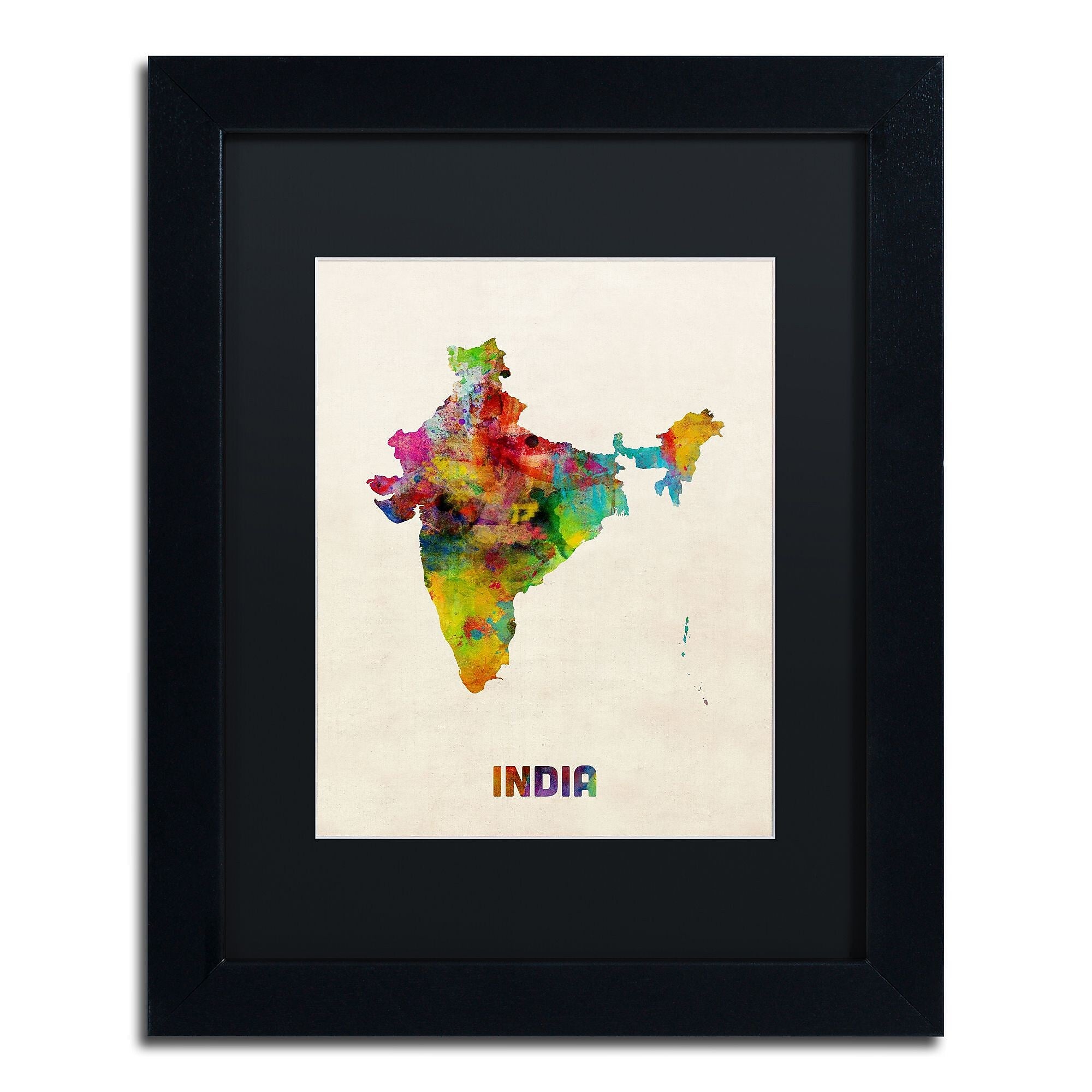 Trademark Fine Art ''India Watercolor Map'' by Michael Tompsett 11" x 14" Black Matted Black Frame (MT0522-B1114BMF)